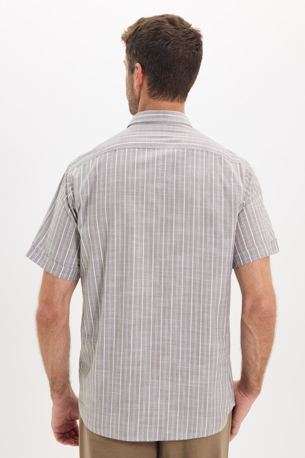 Erkek Regular Fit Klasik Kesim Oversize %100 Pamuk Kısa Kollu Keten Doku Tek Cep Çizgili Gömlek