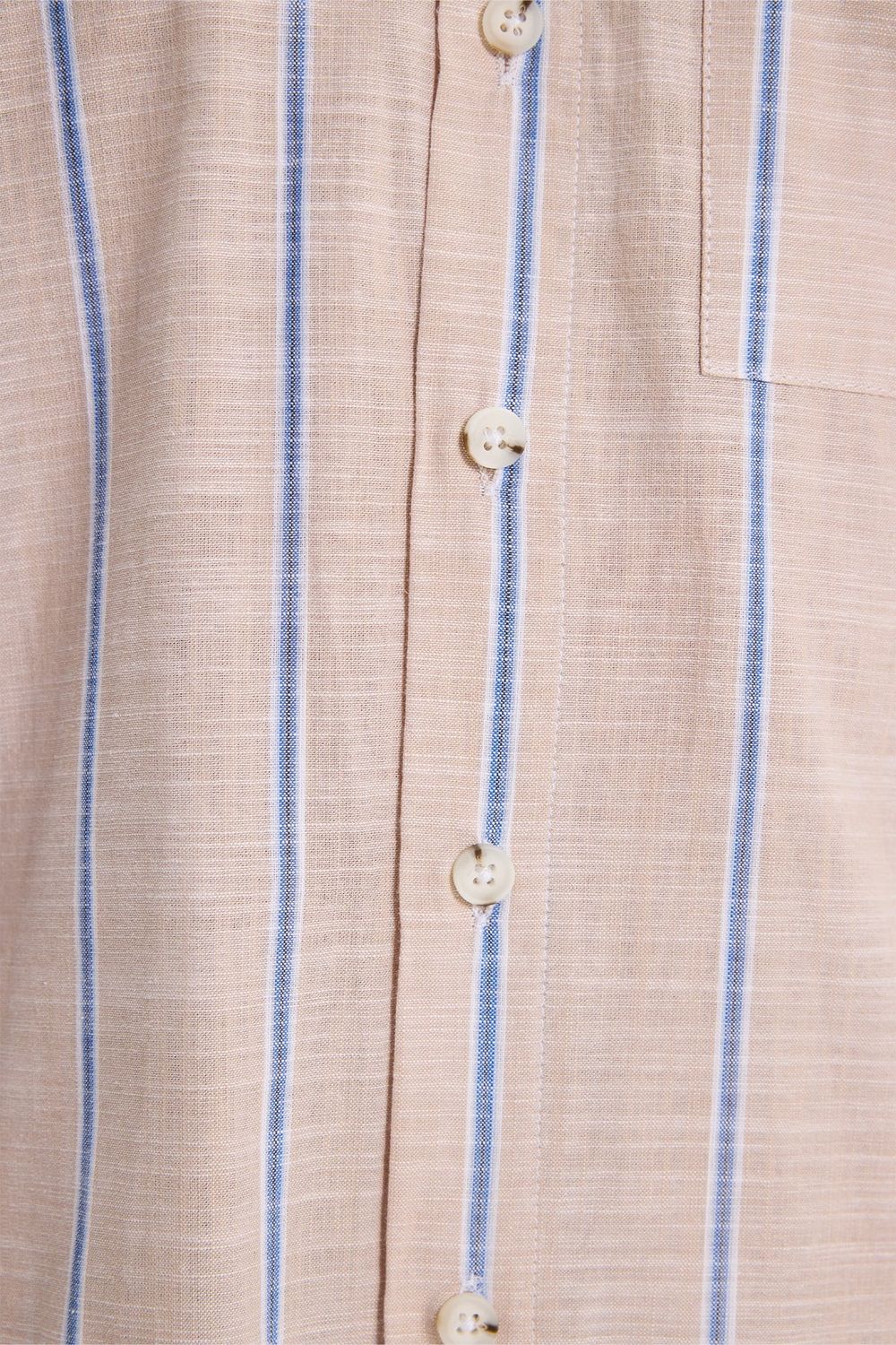 Erkek Regular Fit Klasik Kesim Oversize %100 Pamuk Keten Doku Tek Cepli Çizgili Kısa Kollu Bej Gömlek