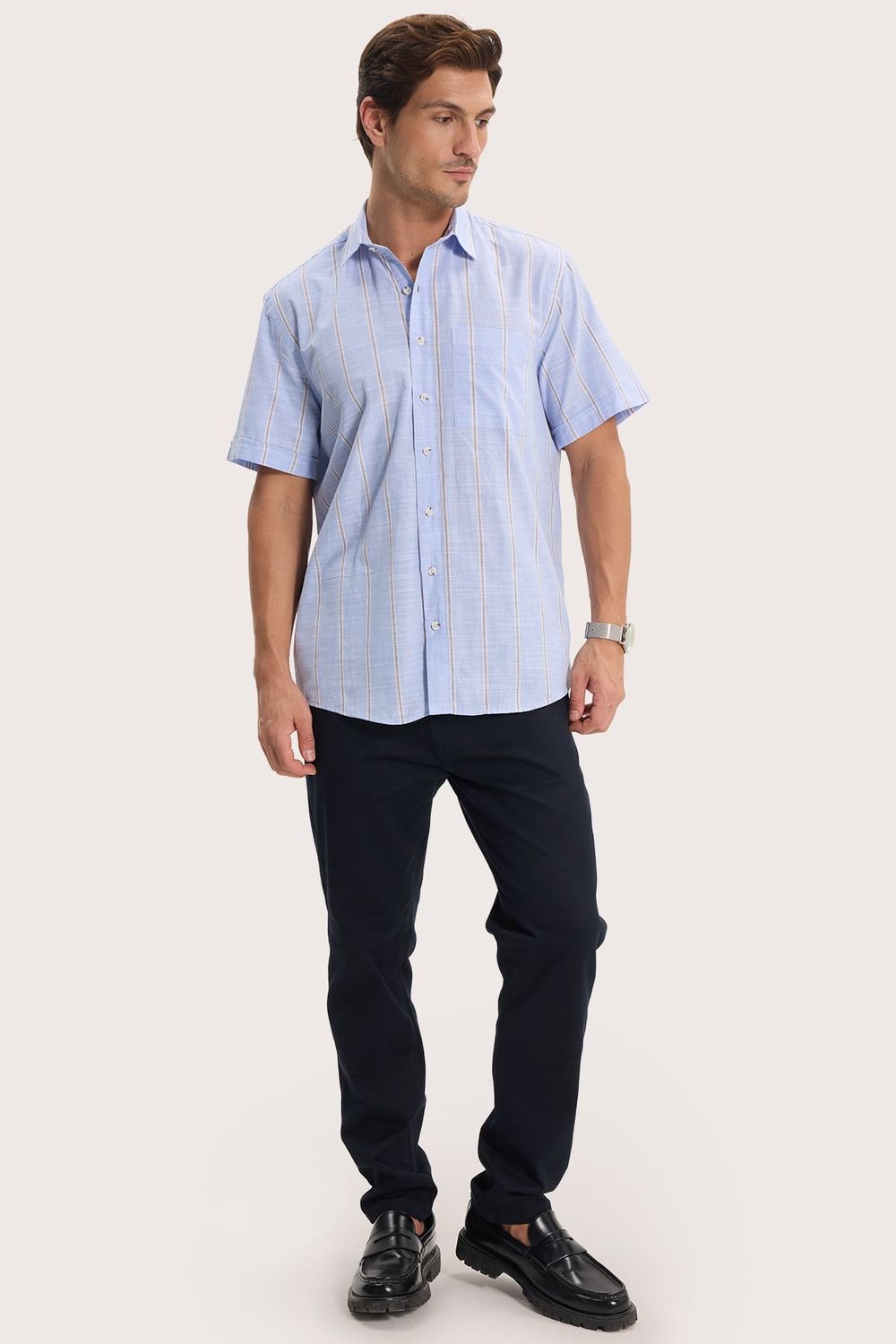 Erkek Regular Fit Klasik Kesim Oversize %100 Pamuk Keten Doku Tek Cepli Çizgili Kısa Kollu Mavi Gömlek