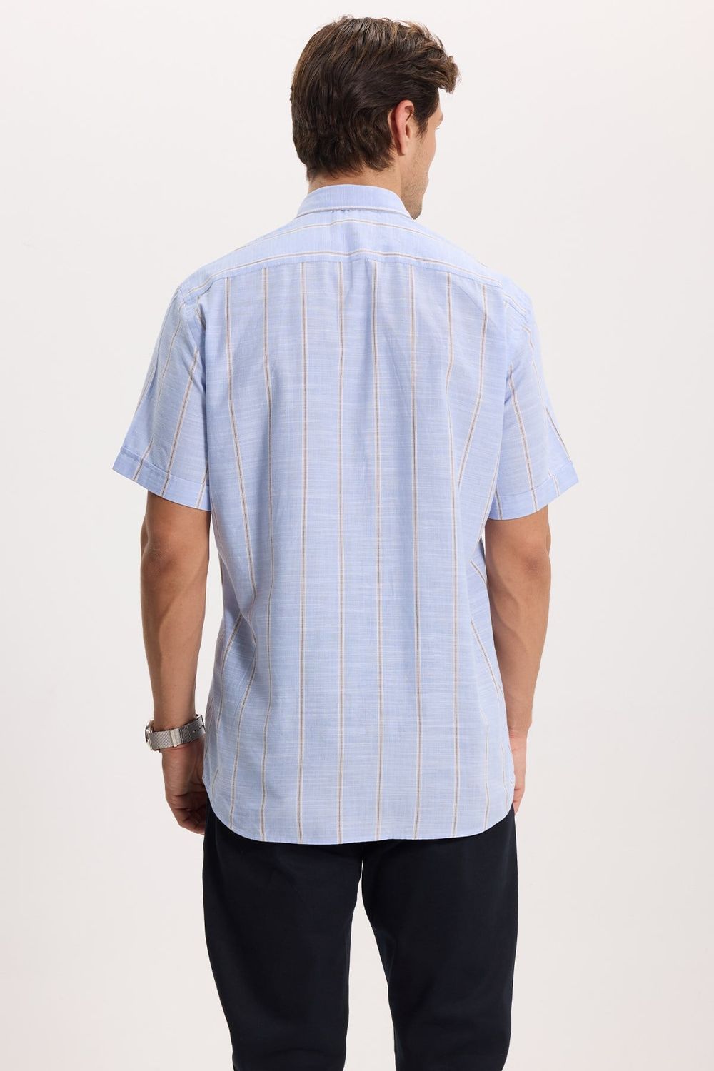 Erkek Regular Fit Klasik Kesim Oversize %100 Pamuk Keten Doku Tek Cepli Çizgili Kısa Kollu Mavi Gömlek