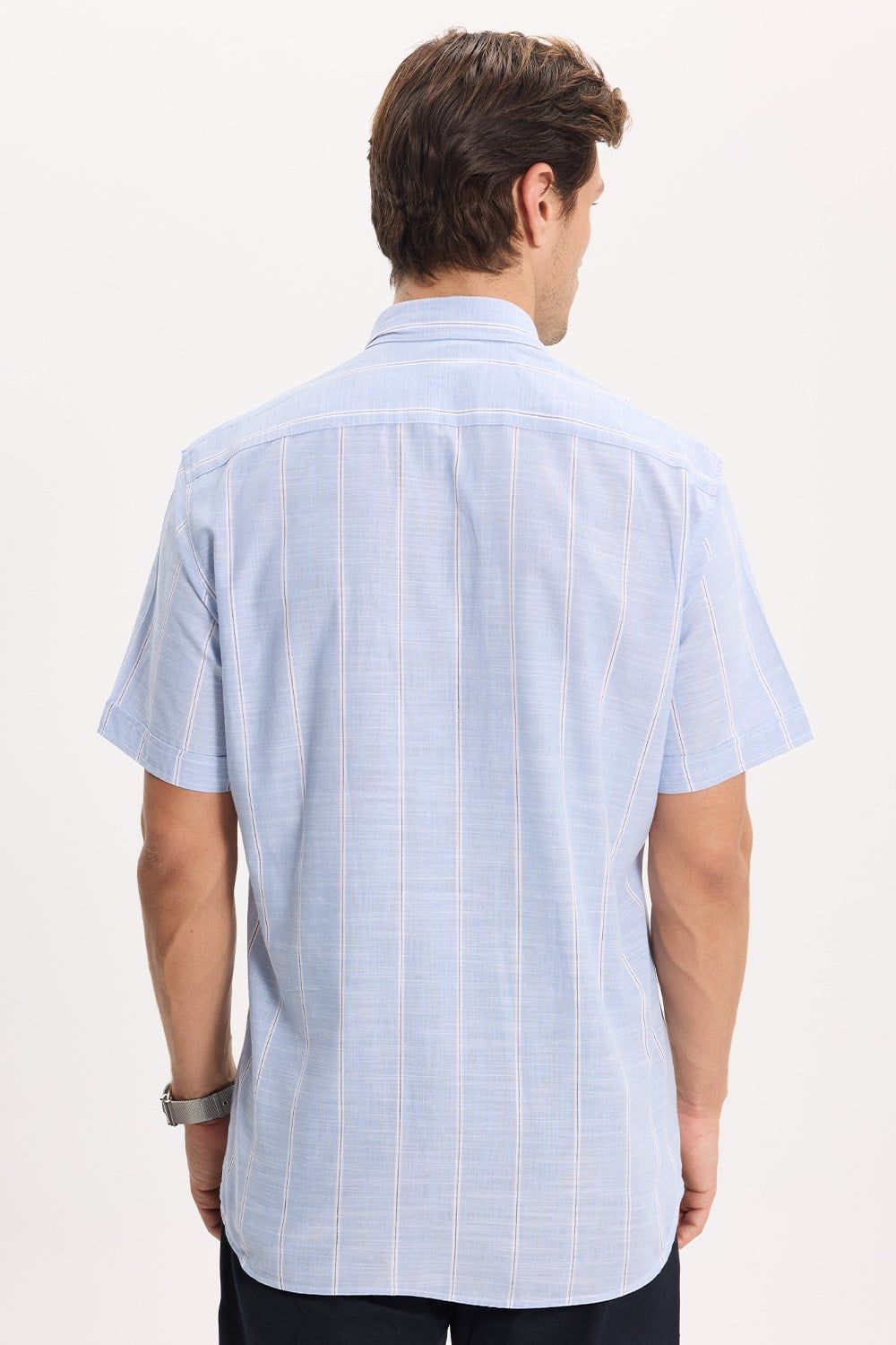 Erkek Regular Fit Klasik Kesim Oversize %100 Pamuk Keten Doku Tek Cepli Çizgili Kısa Kollu Mavi Gömlek