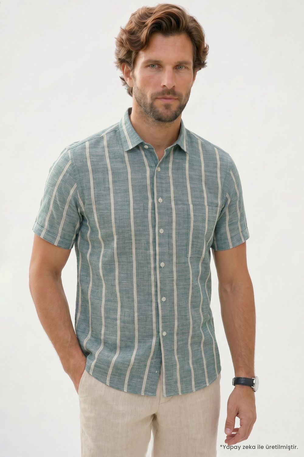 Erkek Regular Fit Klasik Kesim Oversize %100 Pamuk Tek Cepli Çizgili Kısa Kollu Koyu Yeşil Gömlek