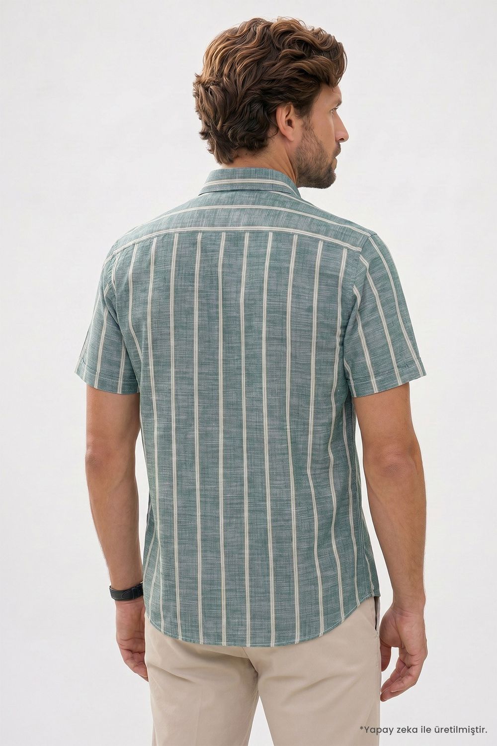 Erkek Regular Fit Klasik Kesim Oversize %100 Pamuk Tek Cepli Çizgili Kısa Kollu Koyu Yeşil Gömlek