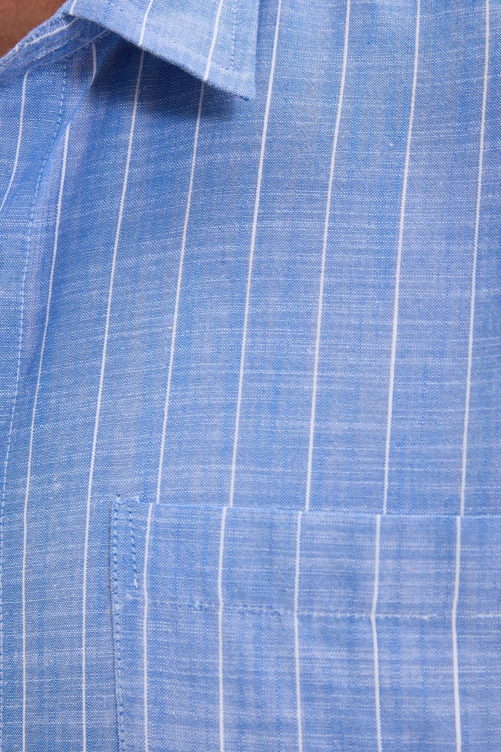 Erkek Regular Fit Klasik Kesim Oversize %100 Pamuk Keten Doku Tek Cepli Çizgili Kısa Kollu Saks Mavi Gömlek