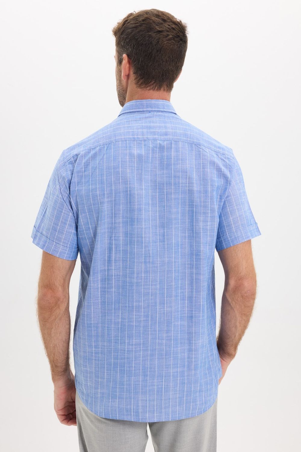 Erkek Regular Fit Klasik Kesim Oversize %100 Pamuk Keten Doku Tek Cepli Çizgili Kısa Kollu Saks Mavi Gömlek