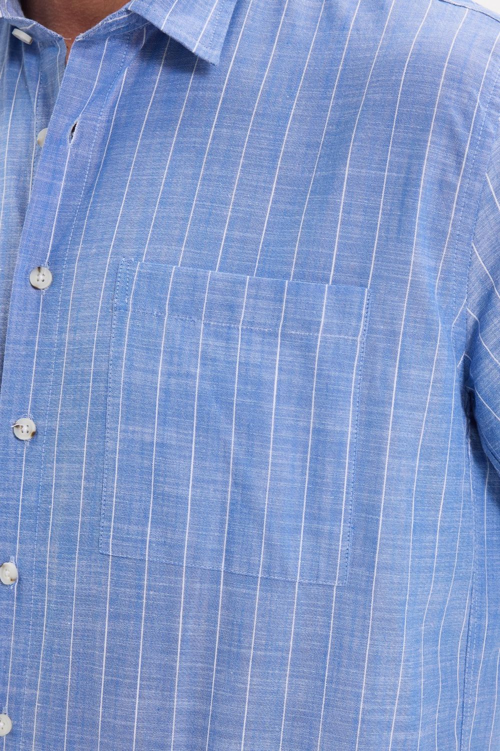 Erkek Regular Fit Klasik Kesim Oversize %100 Pamuk Keten Doku Tek Cepli Çizgili Kısa Kollu Saks Mavi Gömlek