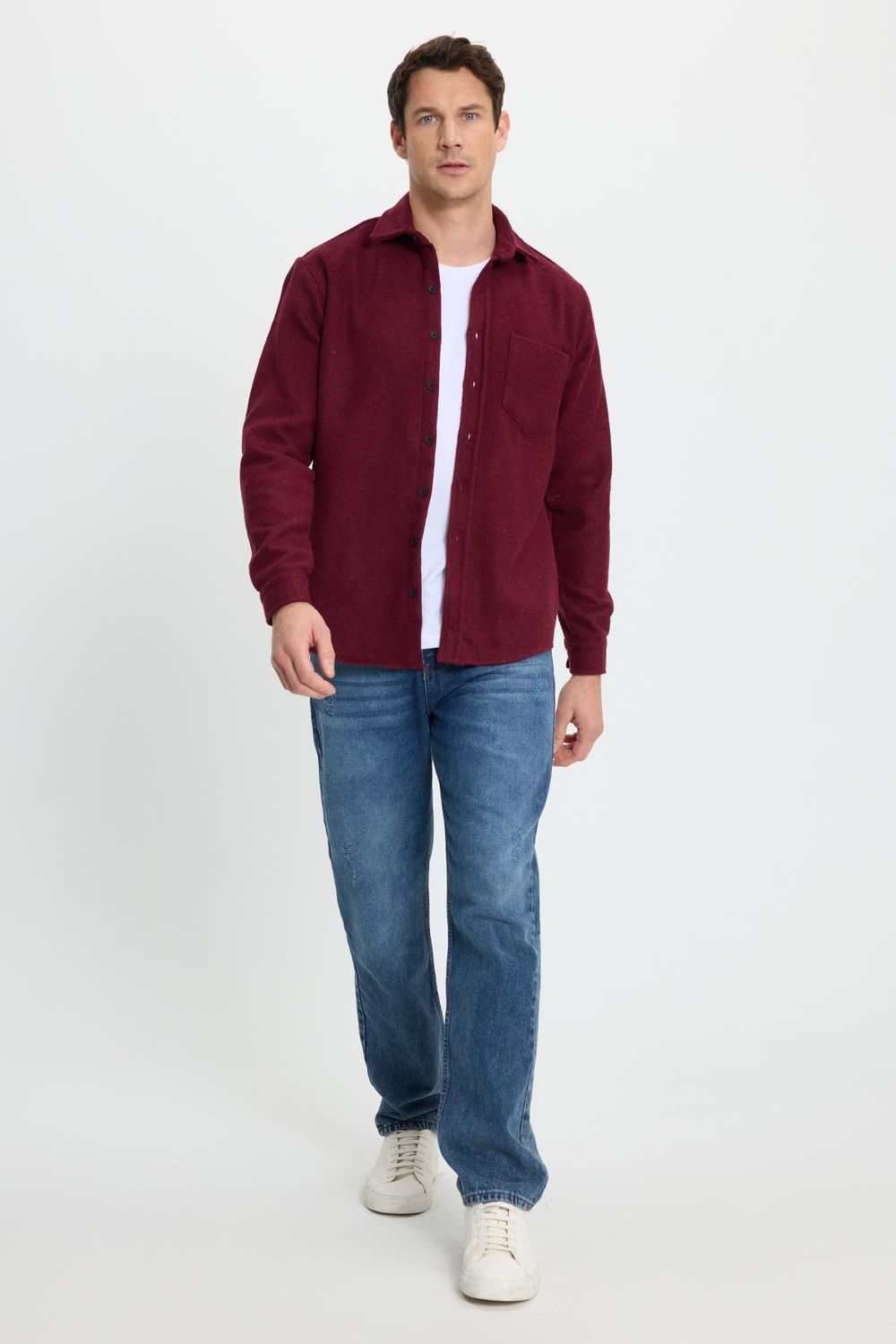 Erkek Regular Fit Klasik Kesim Düz Cepli Koyu Bordo Oduncu Gömlek