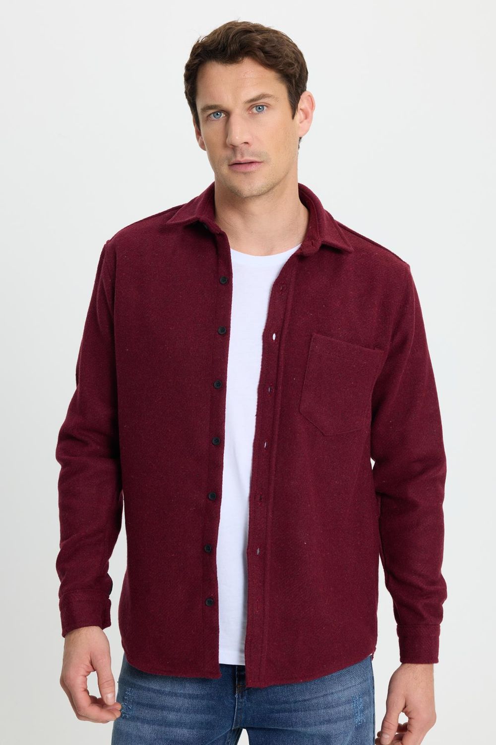 Erkek Regular Fit Klasik Kesim Düz Cepli Koyu Bordo Oduncu Gömlek
