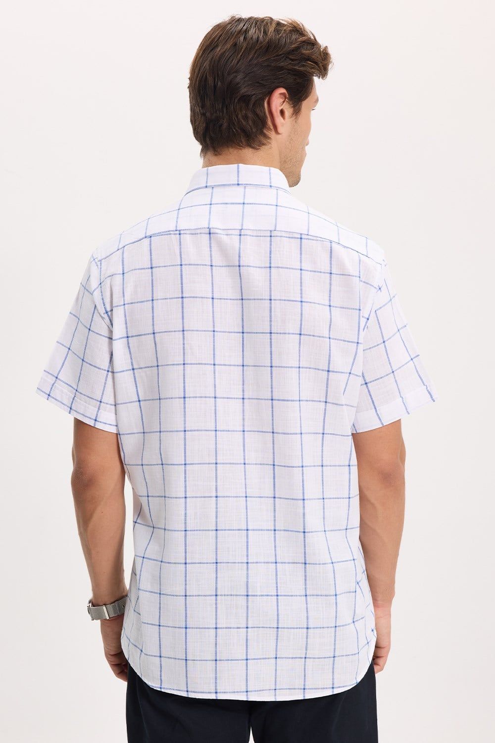   Erkek Regular Fit Klasik Kesim %100 Pamuk Kısa Kollu Kareli Keten Efektli Cepli Saks Mavi Gömlek