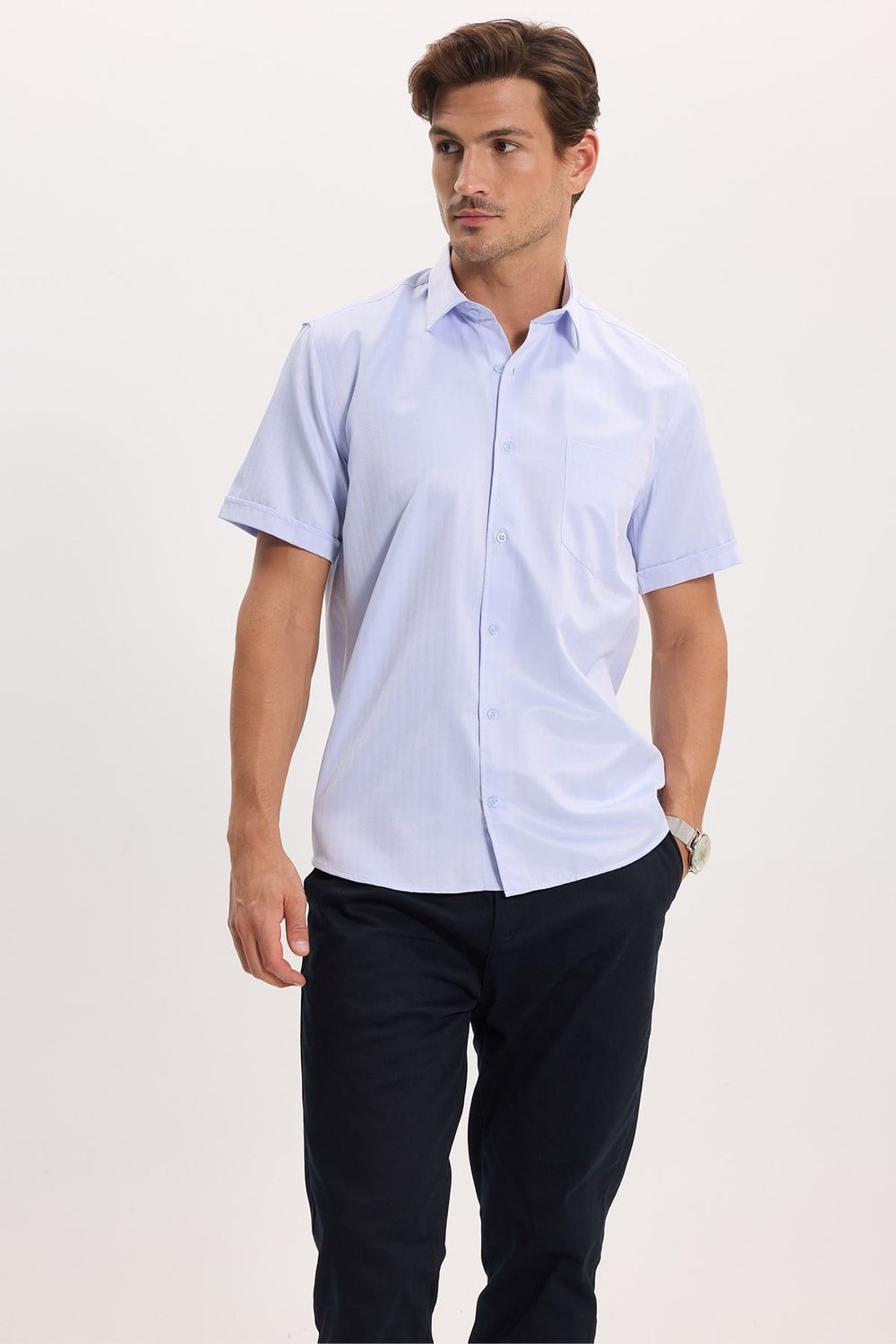 Erkek Regular Fit Klasik Kesim Pamuklu Kısa Kollu Armürlü Mavi Gömlek