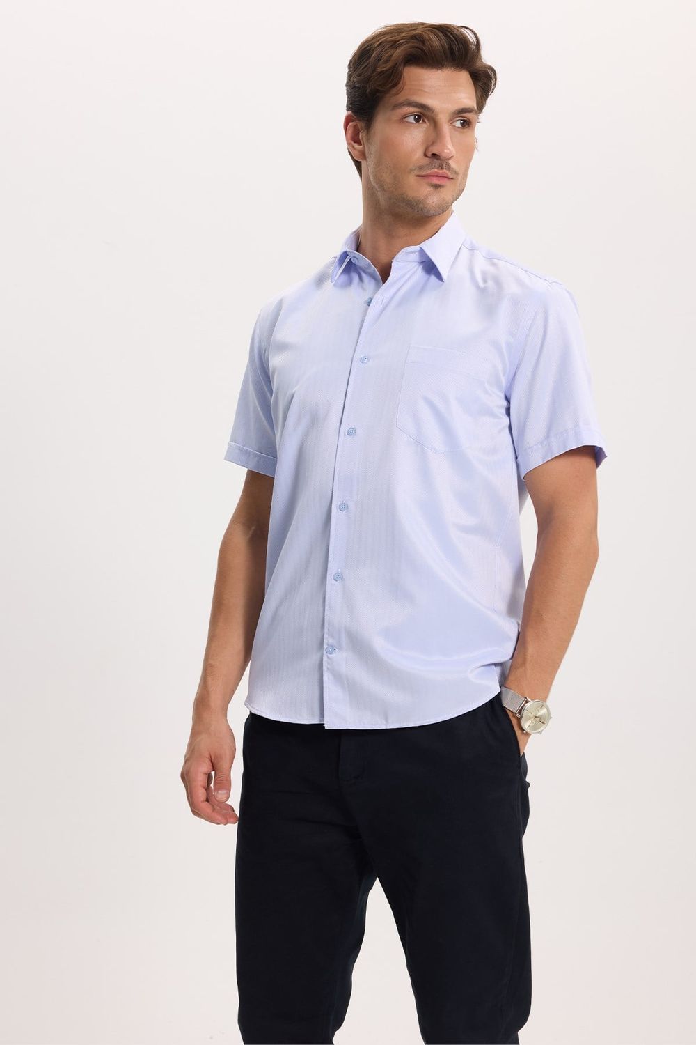 Erkek Regular Fit Klasik Kesim Pamuklu Kısa Kollu Armürlü Mavi Gömlek