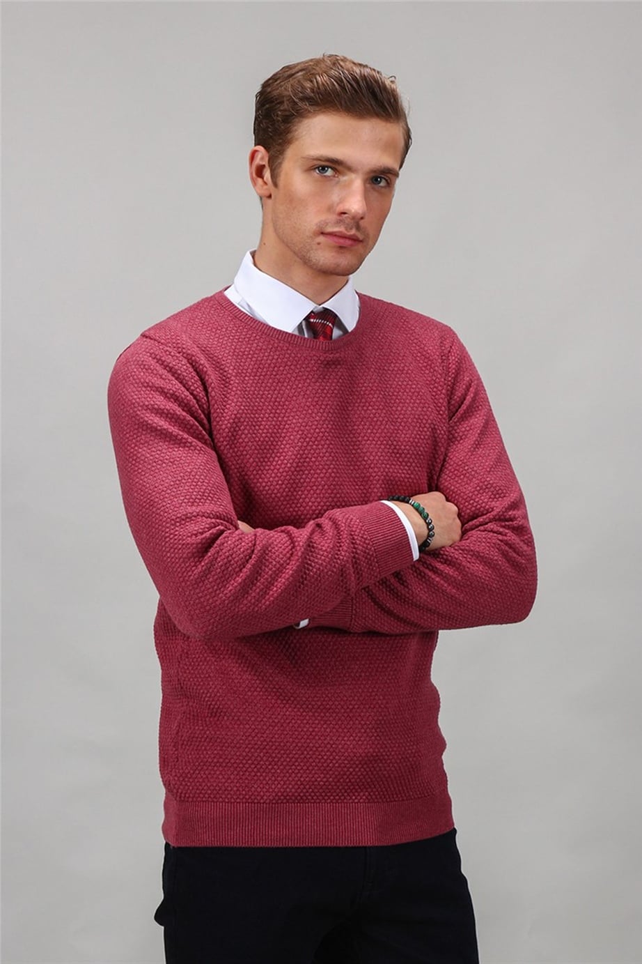Slim Fit Dar Kesim Bisiklet Yaka Petek Desenli Erkek Kazak