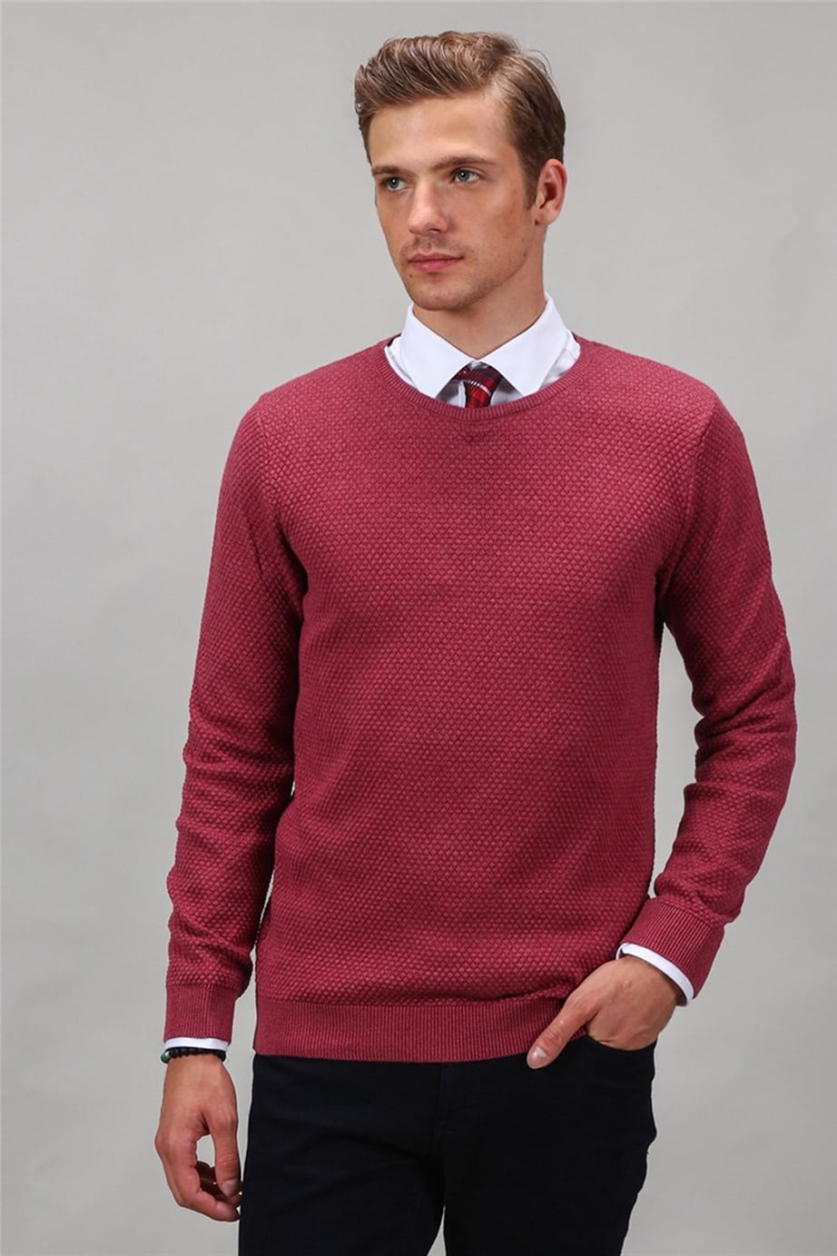 Slim Fit Dar Kesim Bisiklet Yaka Petek Desenli Erkek Kazak