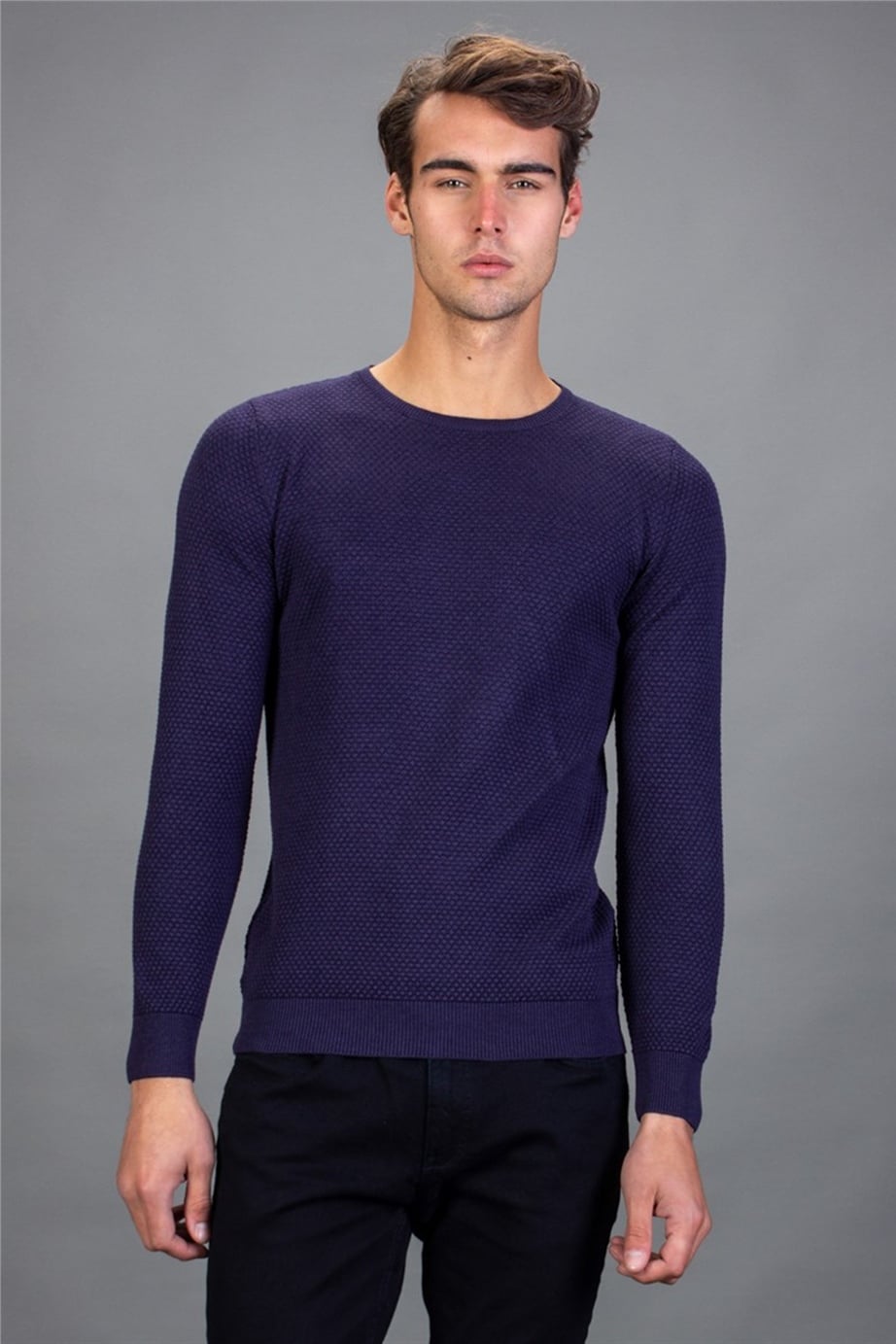 Slim Fit Dar Kesim Bisiklet Yaka Petek Desenli Erkek Kazak