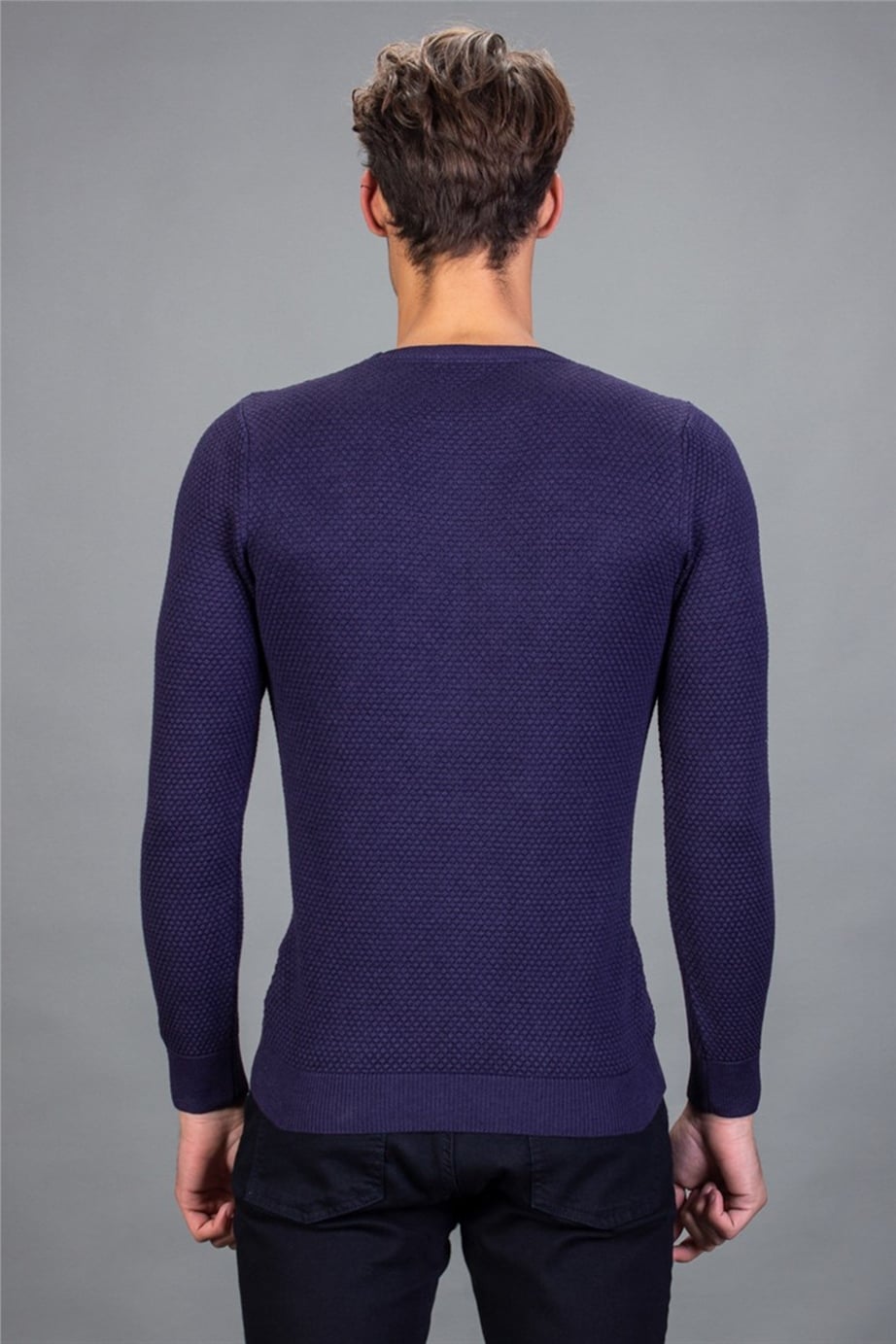 Slim Fit Dar Kesim Bisiklet Yaka Petek Desenli Erkek Kazak