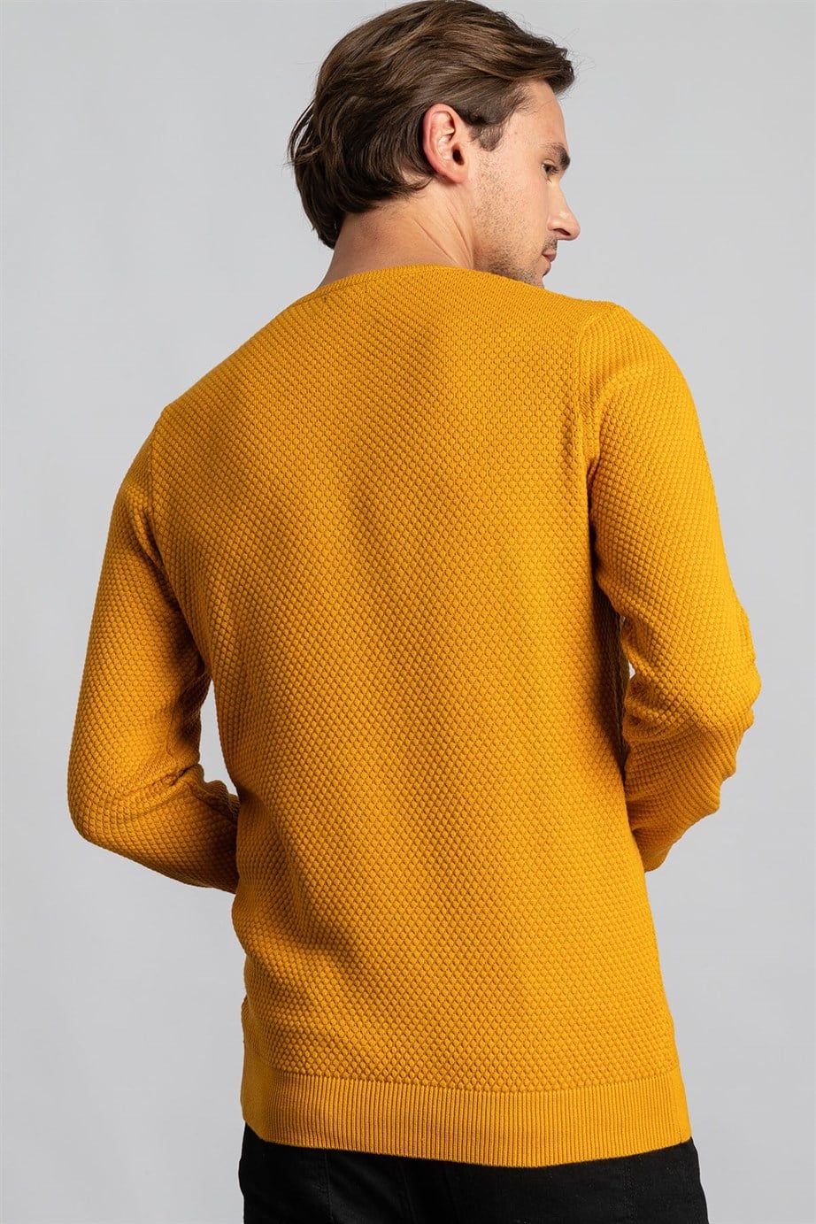 Slim Fit Dar Kesim Bisiklet Yaka Petek Desenli Erkek Kazak