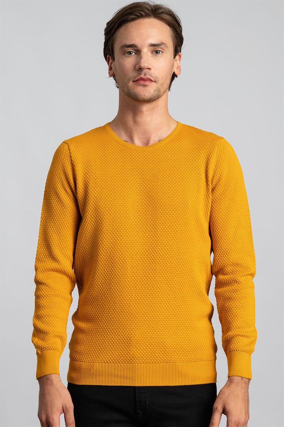 Slim Fit Dar Kesim Bisiklet Yaka Petek Desenli Erkek Kazak