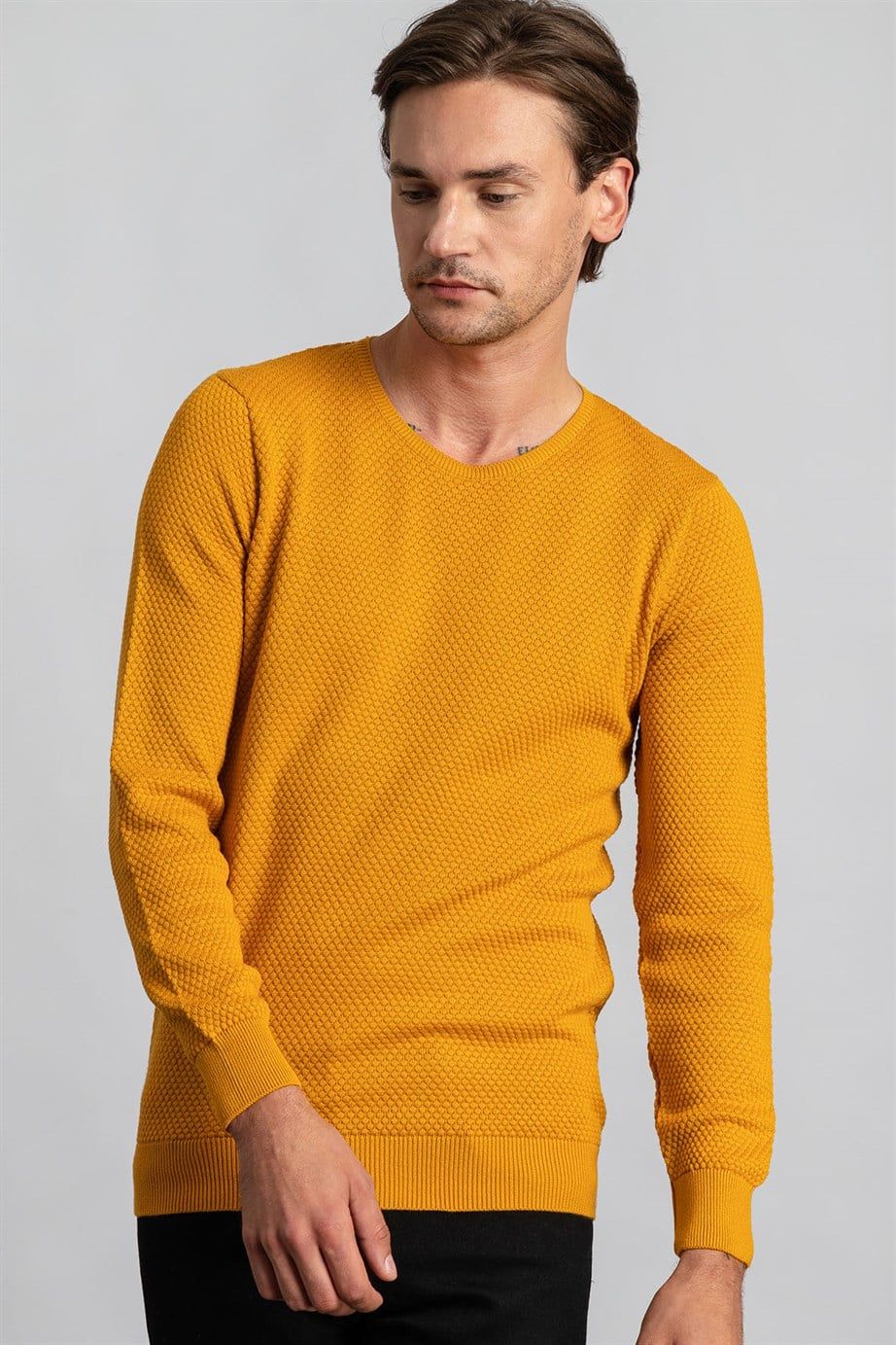 Slim Fit Dar Kesim Bisiklet Yaka Petek Desenli Erkek Kazak