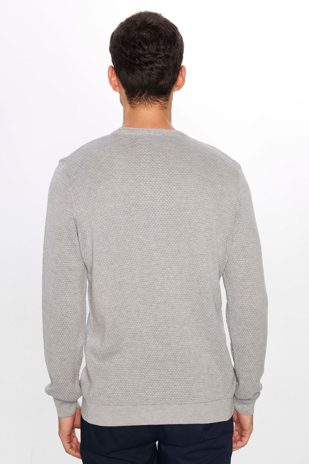 Erkek Slim Fit Bisiklet Yaka Petek Desenli Gri Triko Kazak