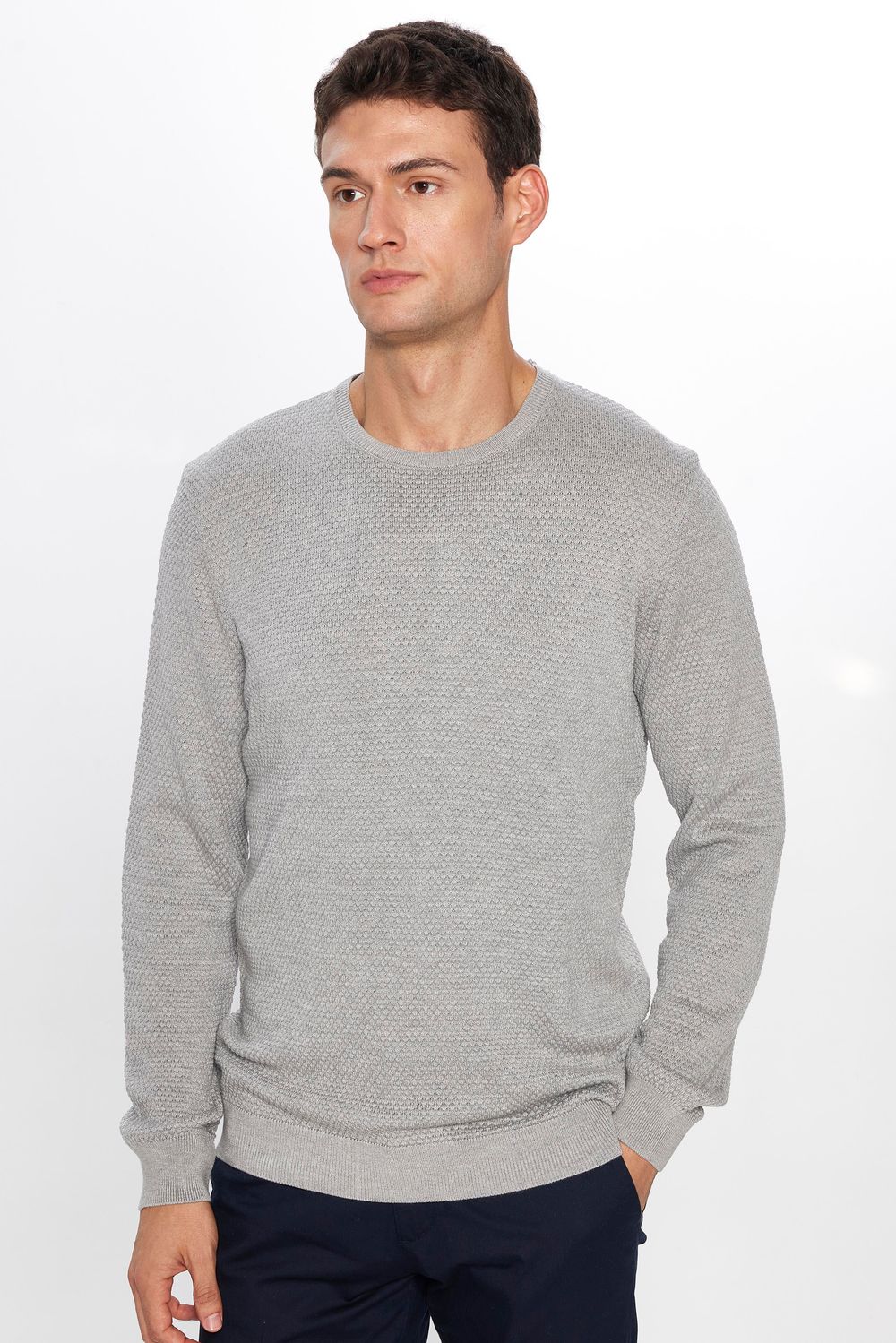 Erkek Slim Fit Bisiklet Yaka Petek Desenli Gri Triko Kazak