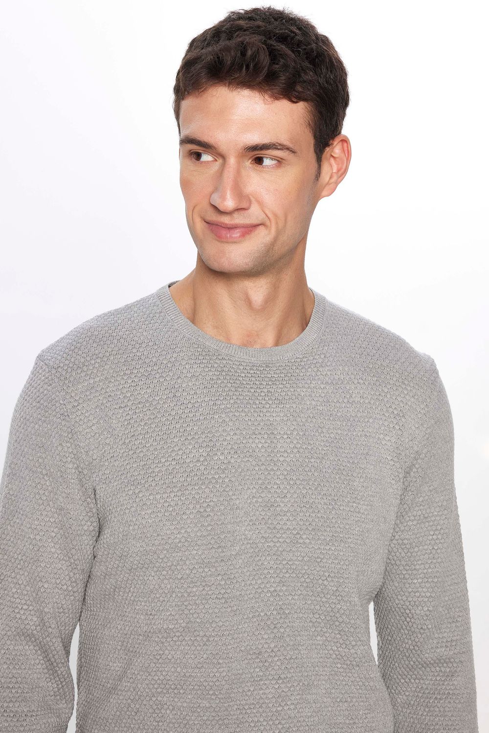 Erkek Slim Fit Bisiklet Yaka Petek Desenli Gri Triko Kazak
