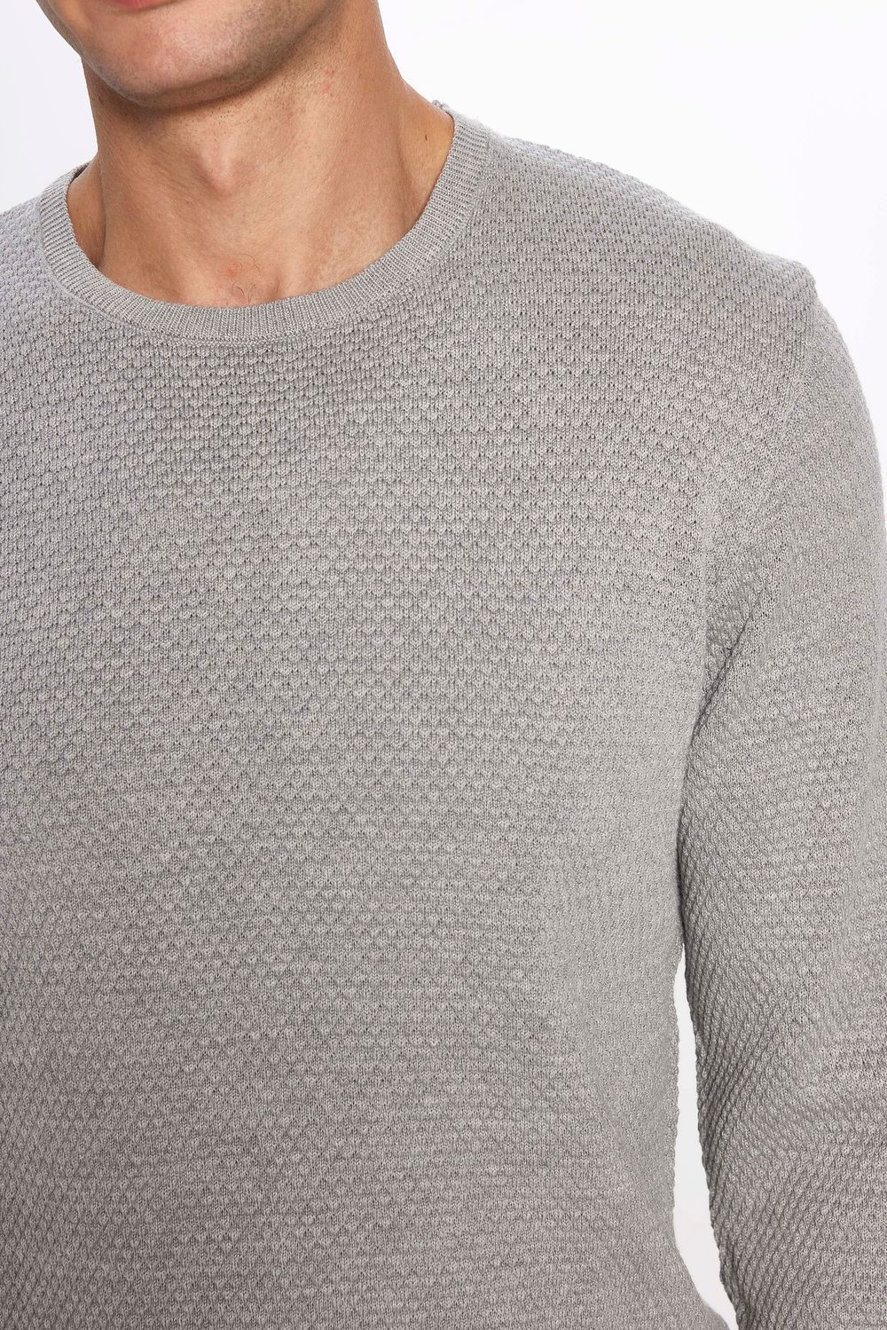 Erkek Slim Fit Bisiklet Yaka Petek Desenli Gri Triko Kazak