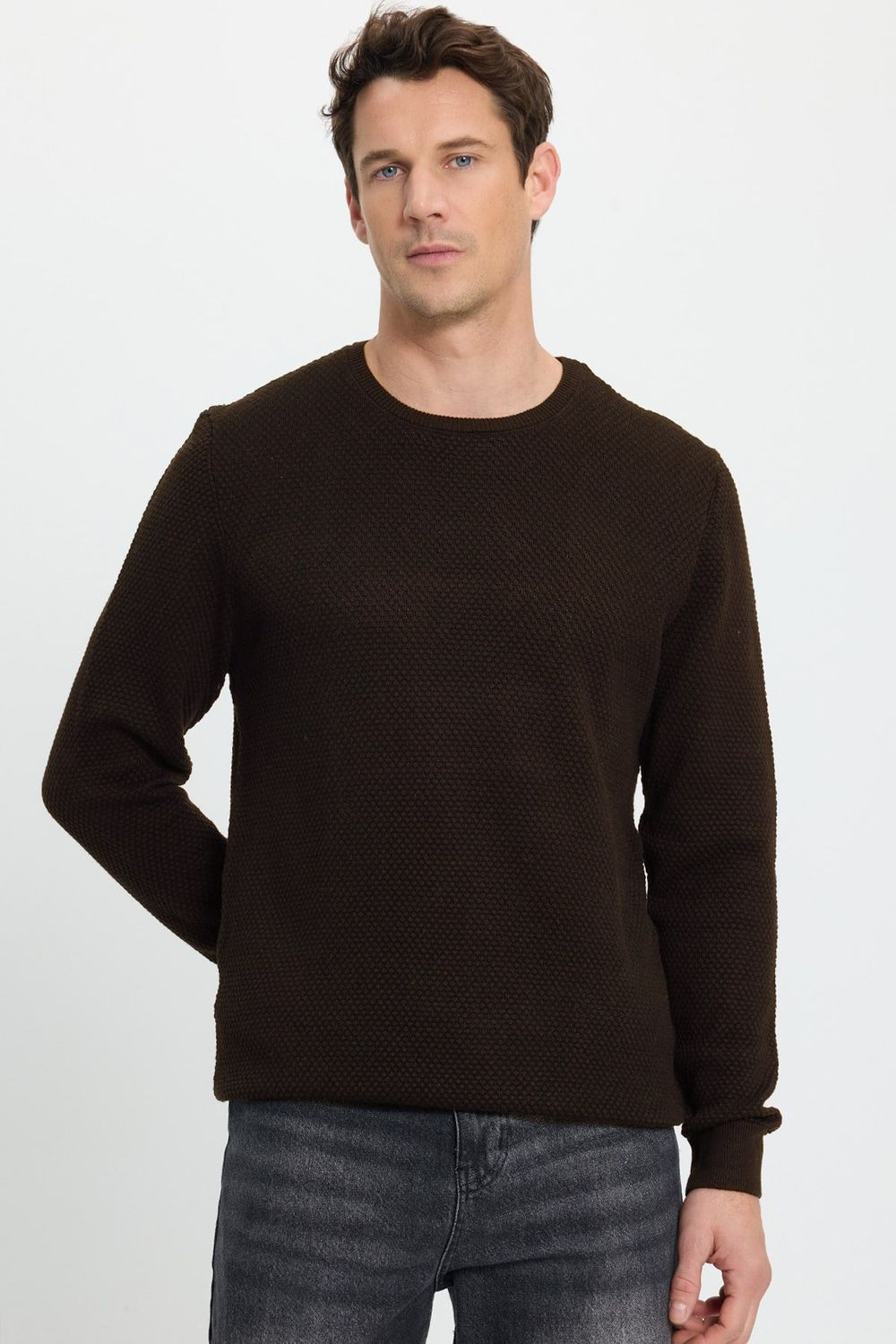 Slim Fit Bisiklet Yaka Petek Desenli Erkek Kazak