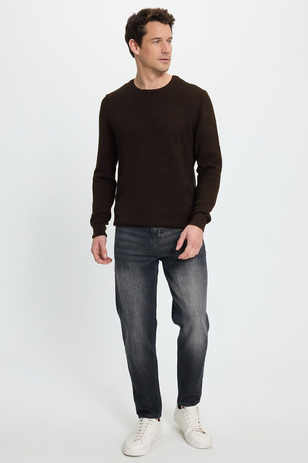 Slim Fit Bisiklet Yaka Petek Desenli Erkek Kazak