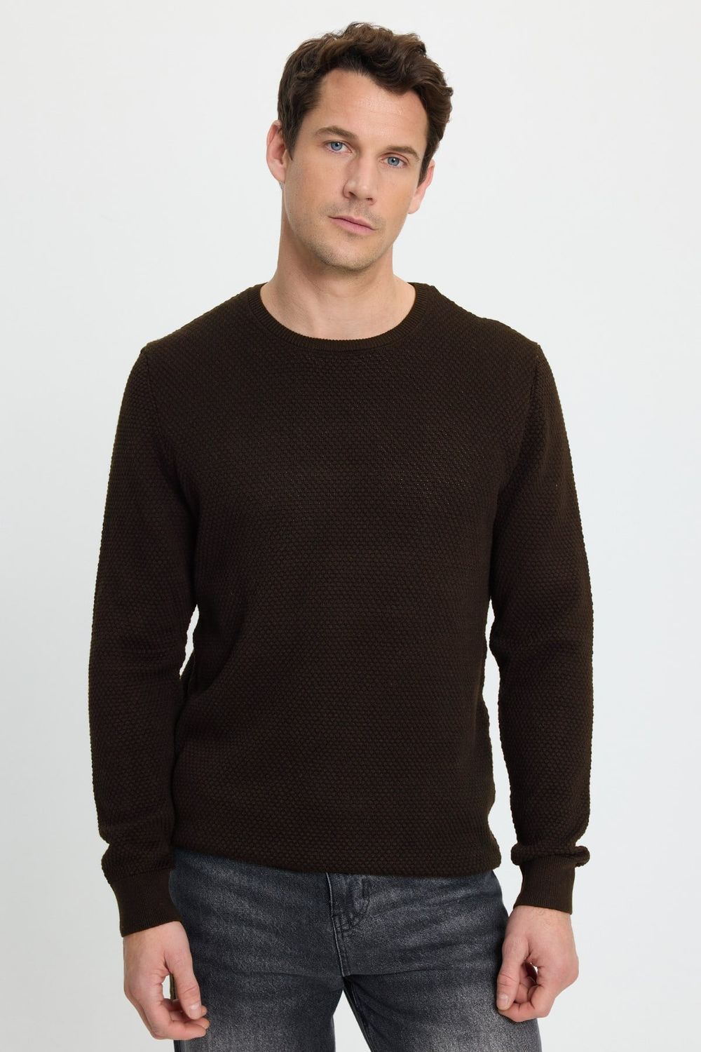 Slim Fit Bisiklet Yaka Petek Desenli Erkek Kazak