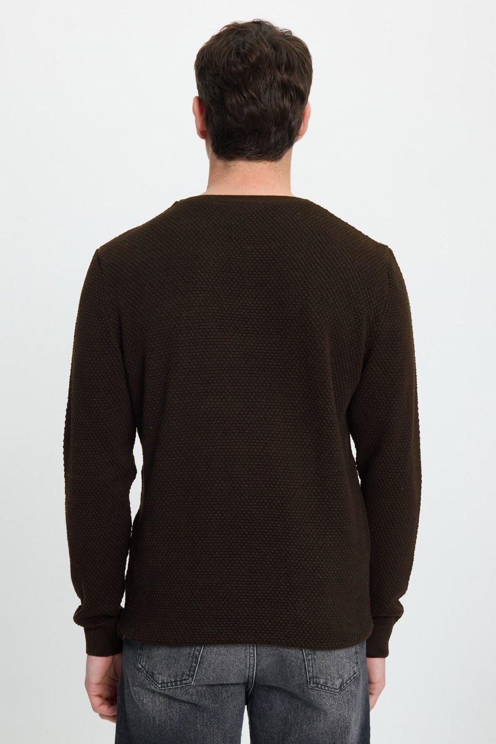 Slim Fit Bisiklet Yaka Petek Desenli Erkek Kazak