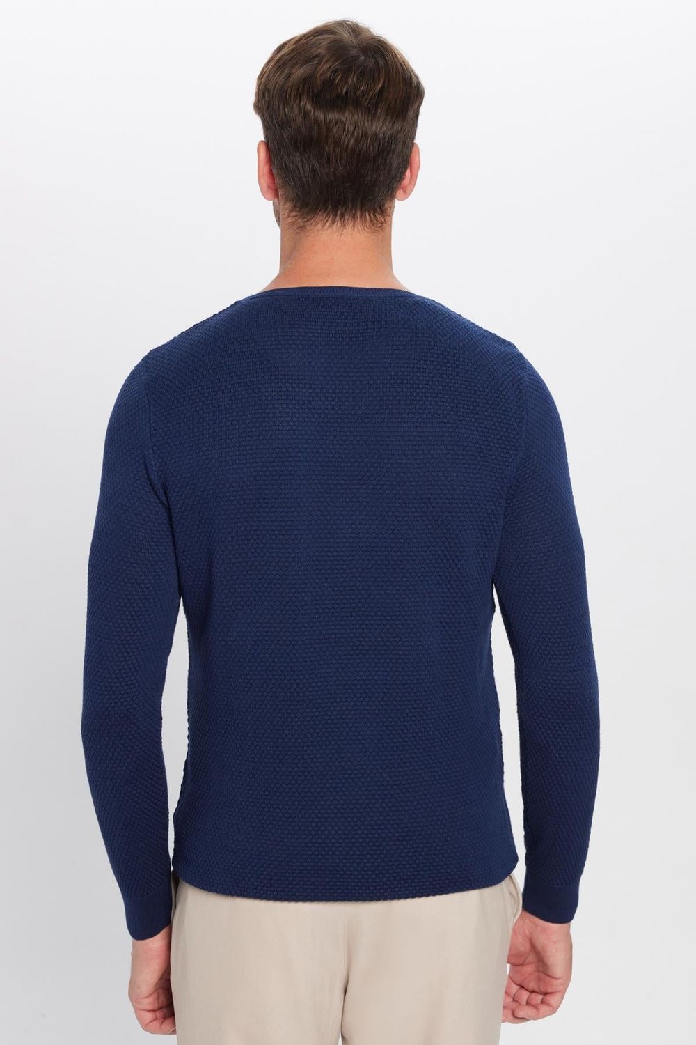 Erkek Slim Fit Bisiklet Yaka Petek Desenli Mavi Triko Kazak