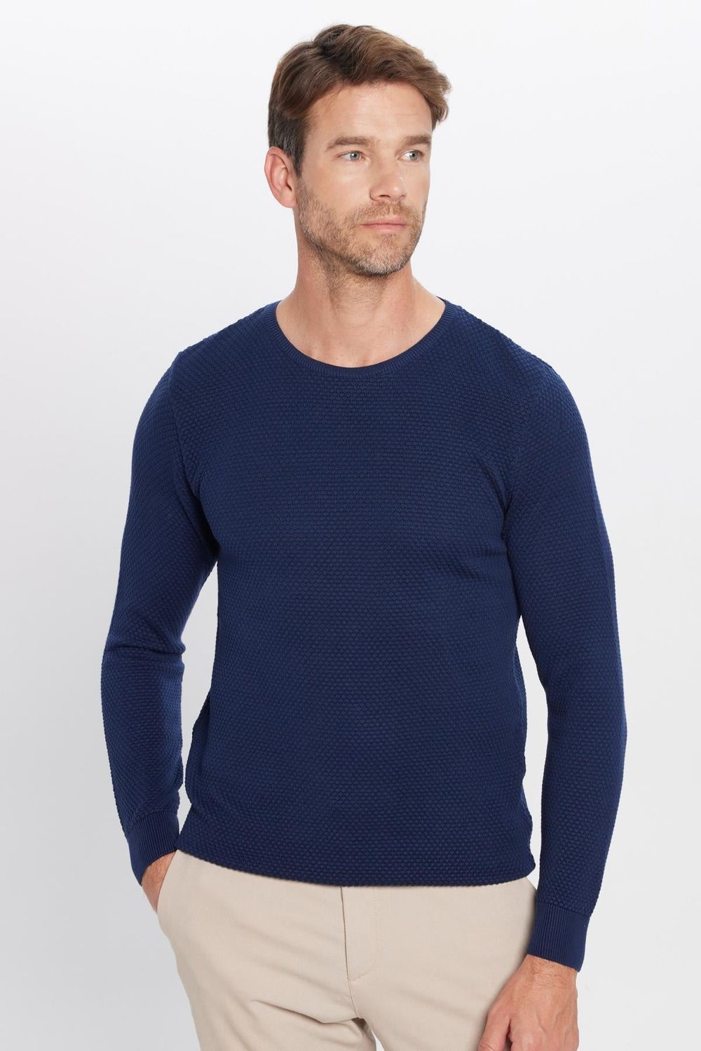 Erkek Slim Fit Bisiklet Yaka Petek Desenli Mavi Triko Kazak