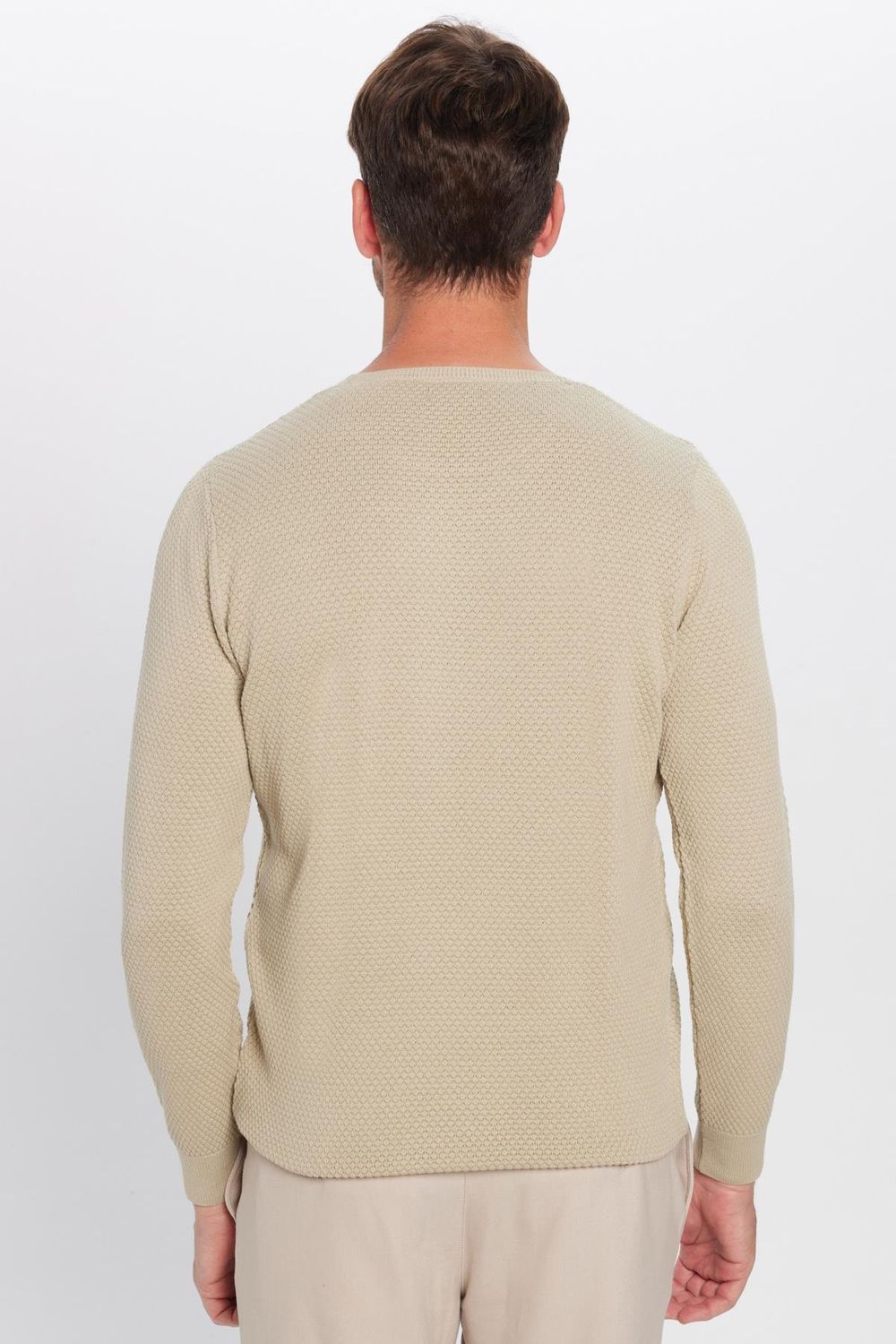 Erkek Slim Fit Bisiklet Yaka Petek Desenli Taş Triko Kazak