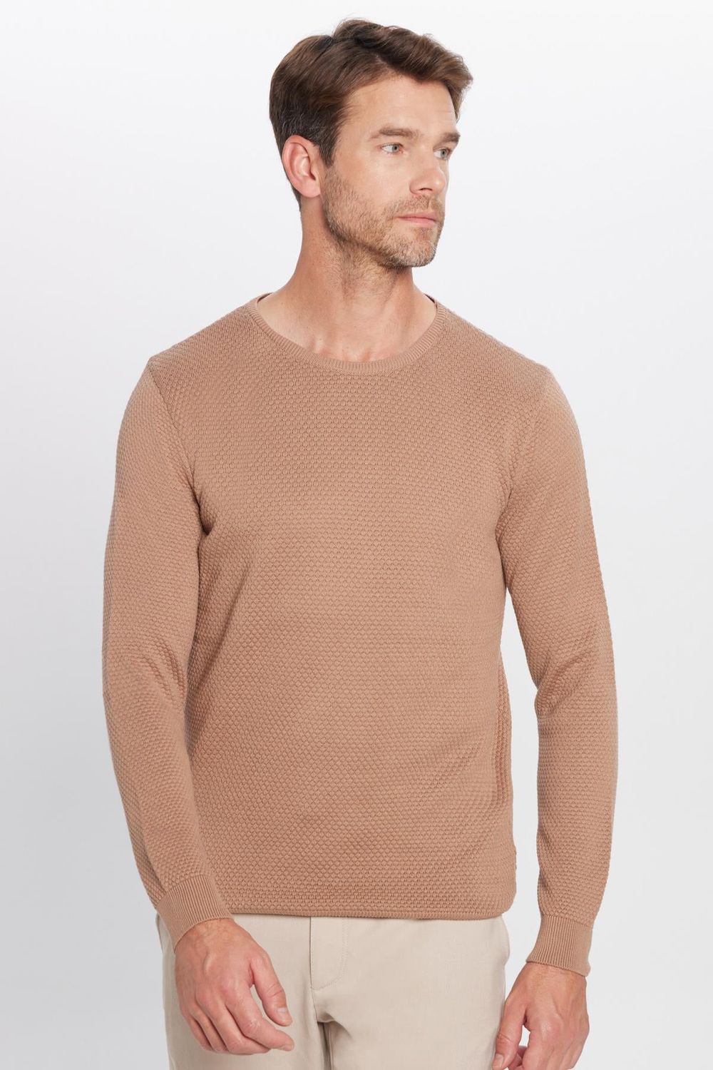 Erkek Slim Fit Bisiklet Yaka Petek Desenli Kahve Triko Kazak