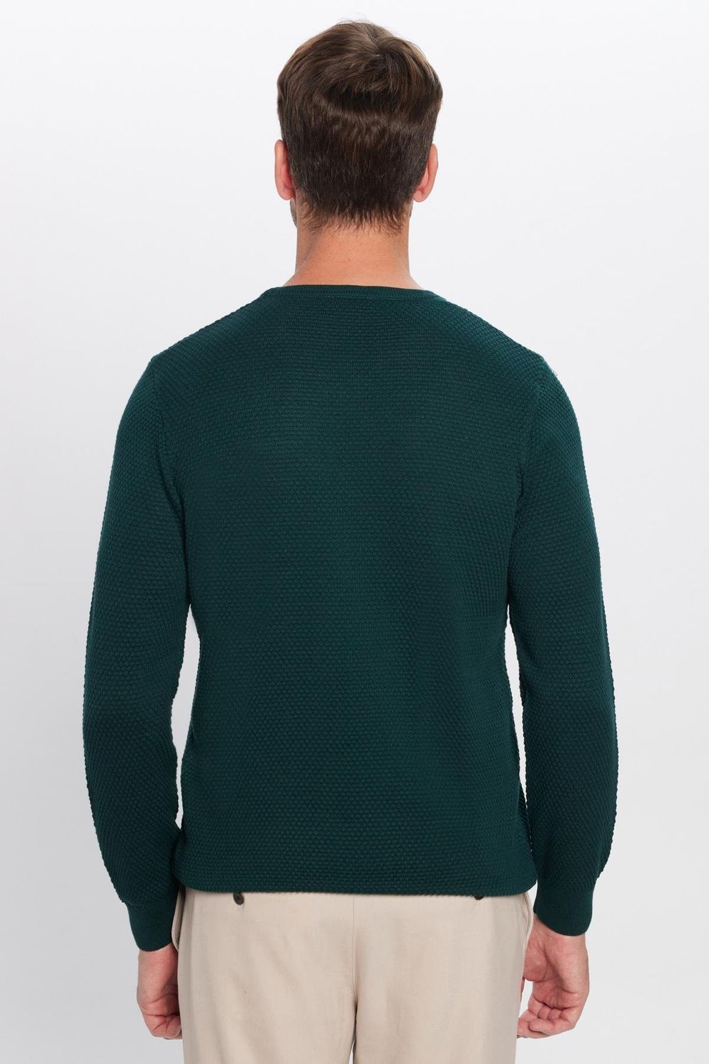 Erkek Slim Fit Bisiklet Yaka Petek Desenli Yeşil Triko Kazak