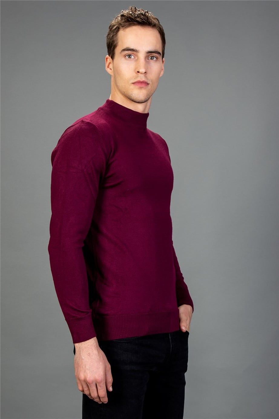 Slim Fit Dar Kesim Yarım Balıkçı Yaka Düz Erkek Kazak