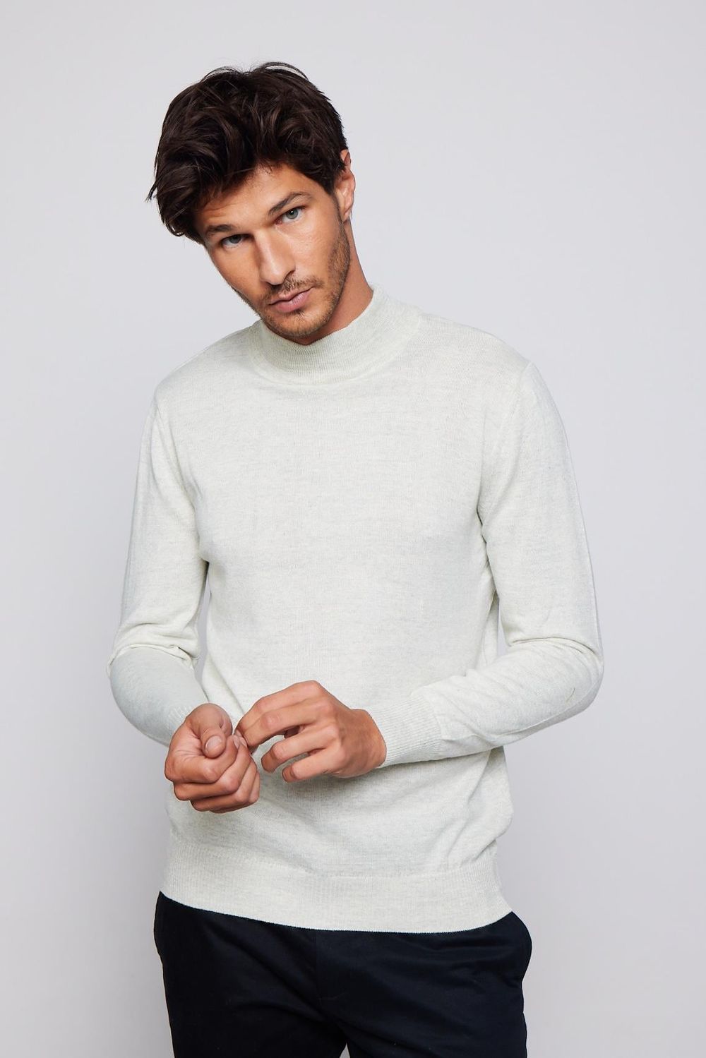 Slim Fit Yarım Balıkçı Yaka Düz Erkek Gri Kazak