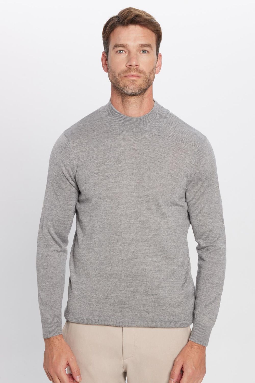 Erkek Slim Fit Yarım Balıkçı Yaka Düz Gri Triko Kazak