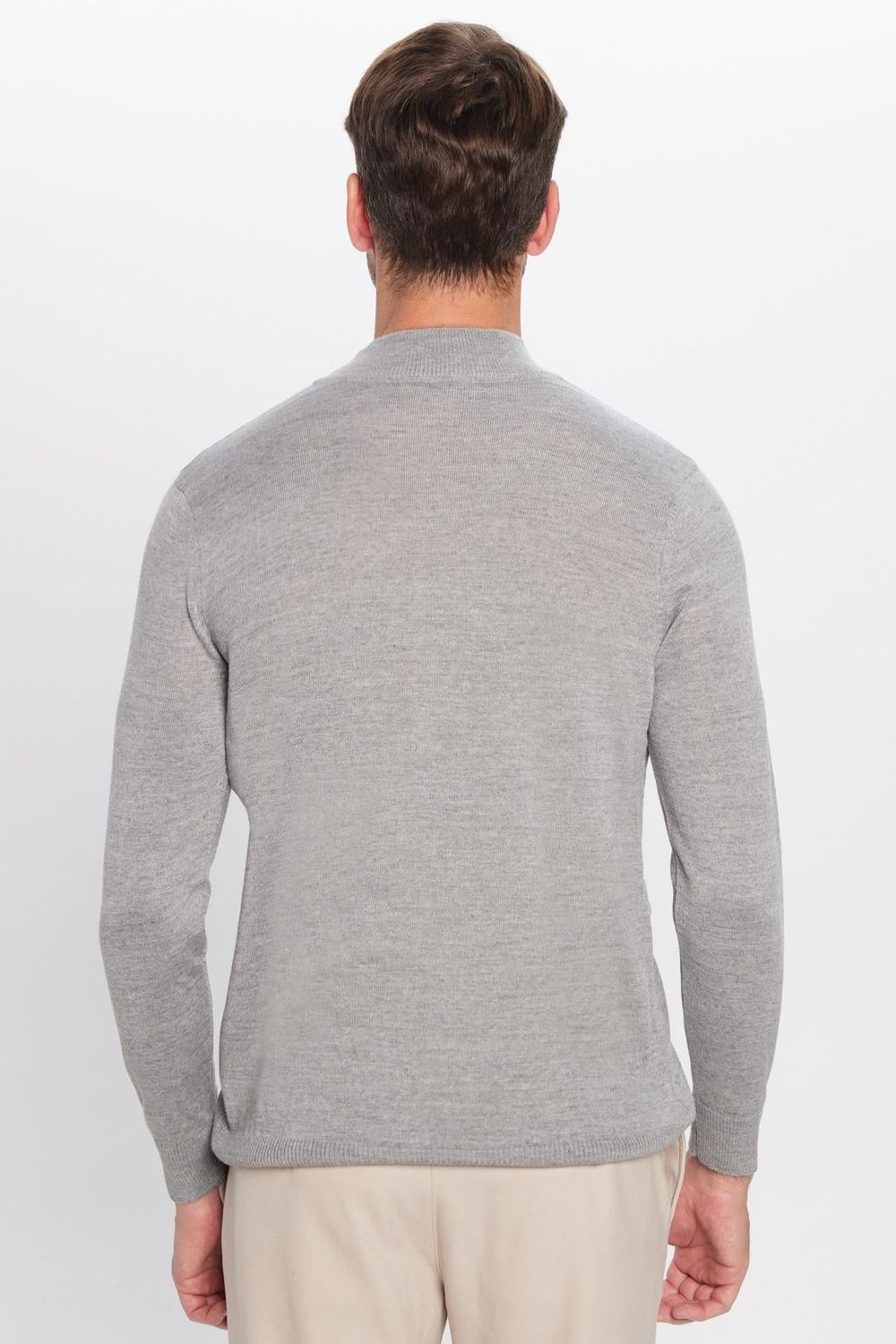 Erkek Slim Fit Yarım Balıkçı Yaka Düz Gri Triko Kazak