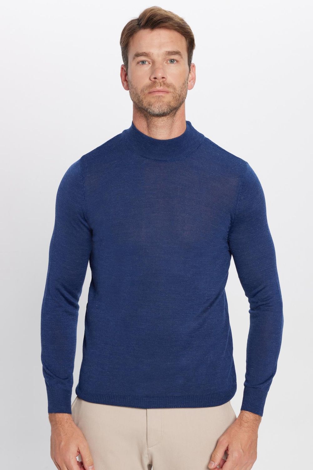 Erkek Slim Fit Yarım Balıkçı Yaka Düz Lacivert Triko Kazak