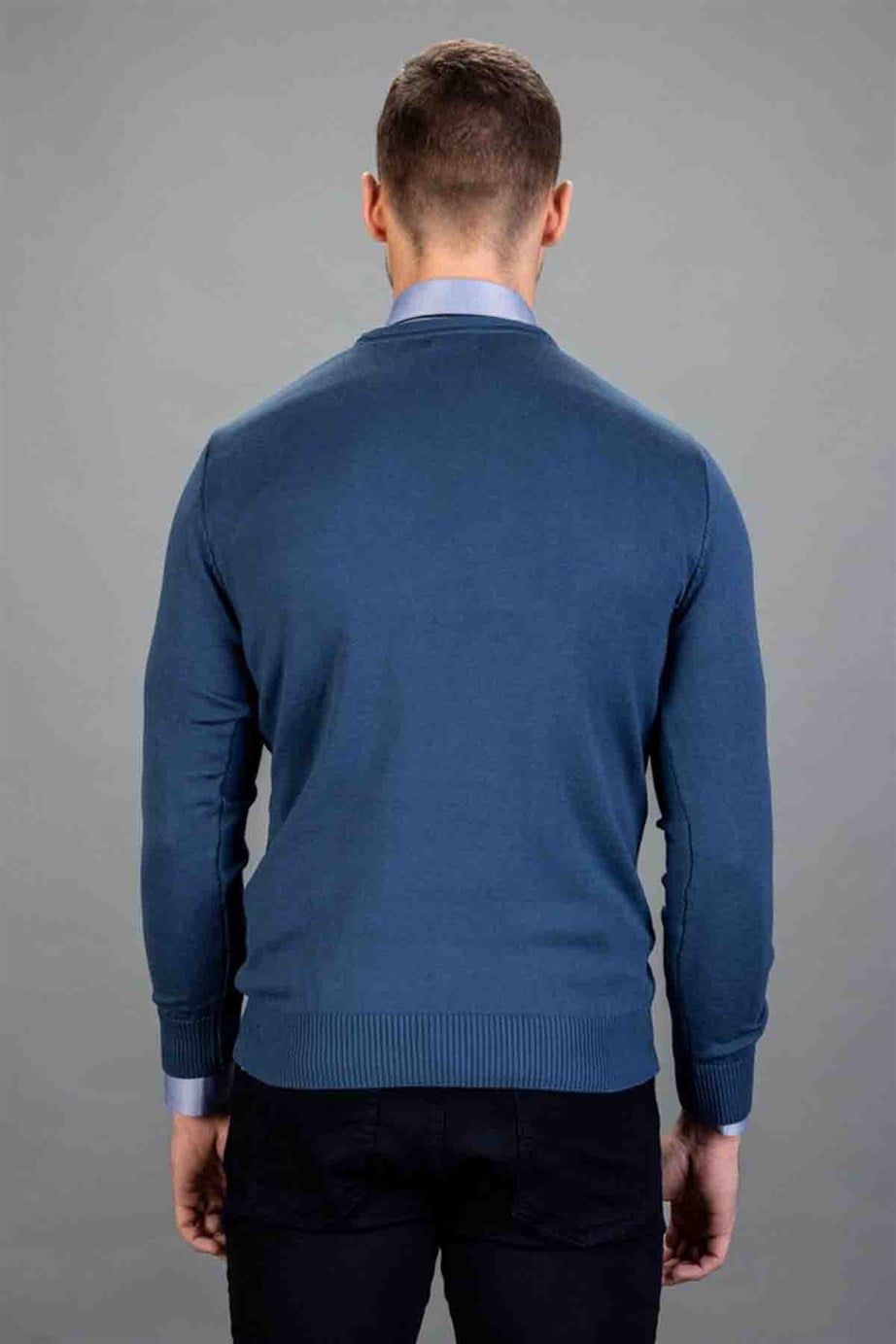 Slim Fit Dar Kesim V Yaka Pamuklu Erkek Kazak