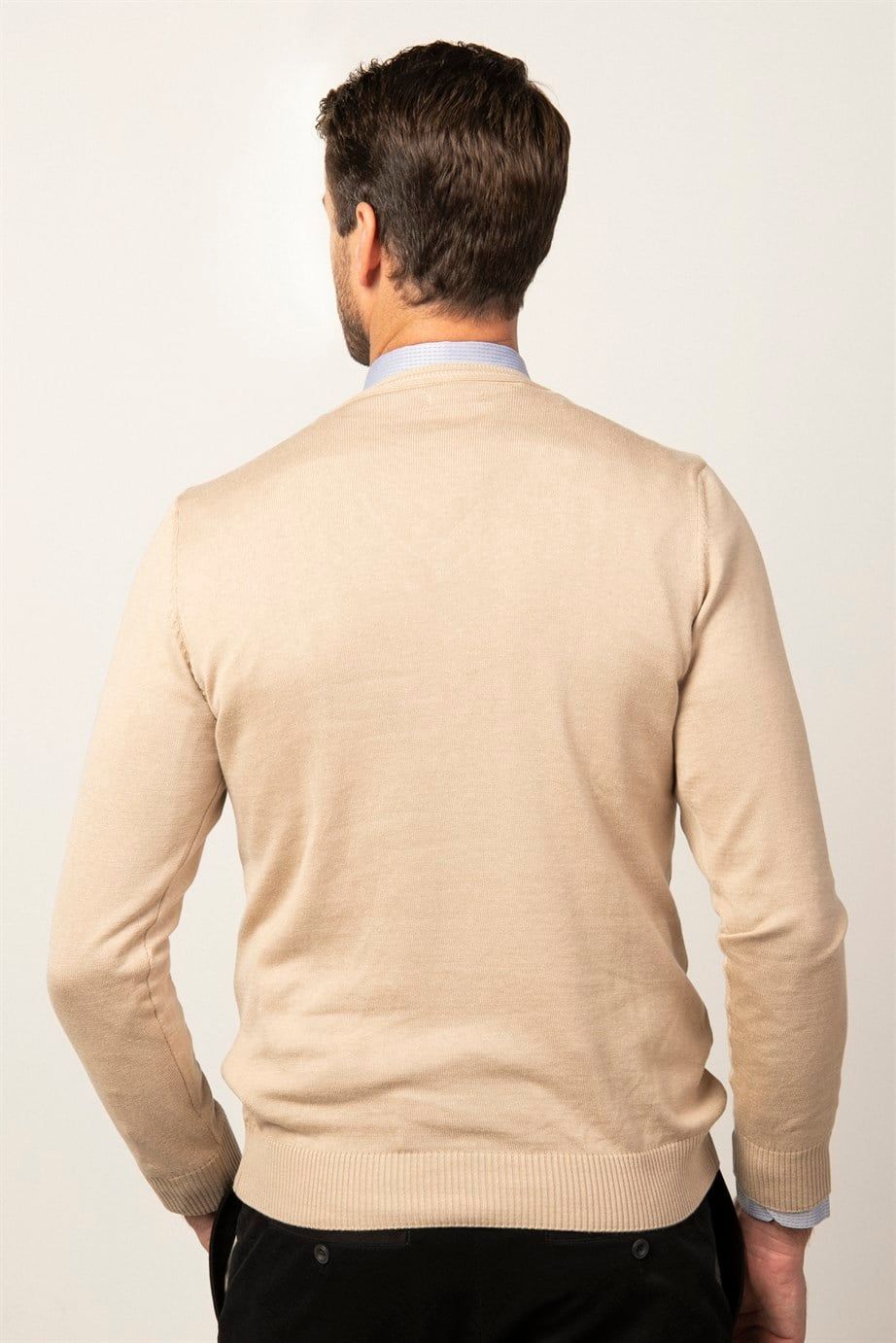 Slim Fit Dar Kesim V Yaka Pamuklu Erkek Kazak