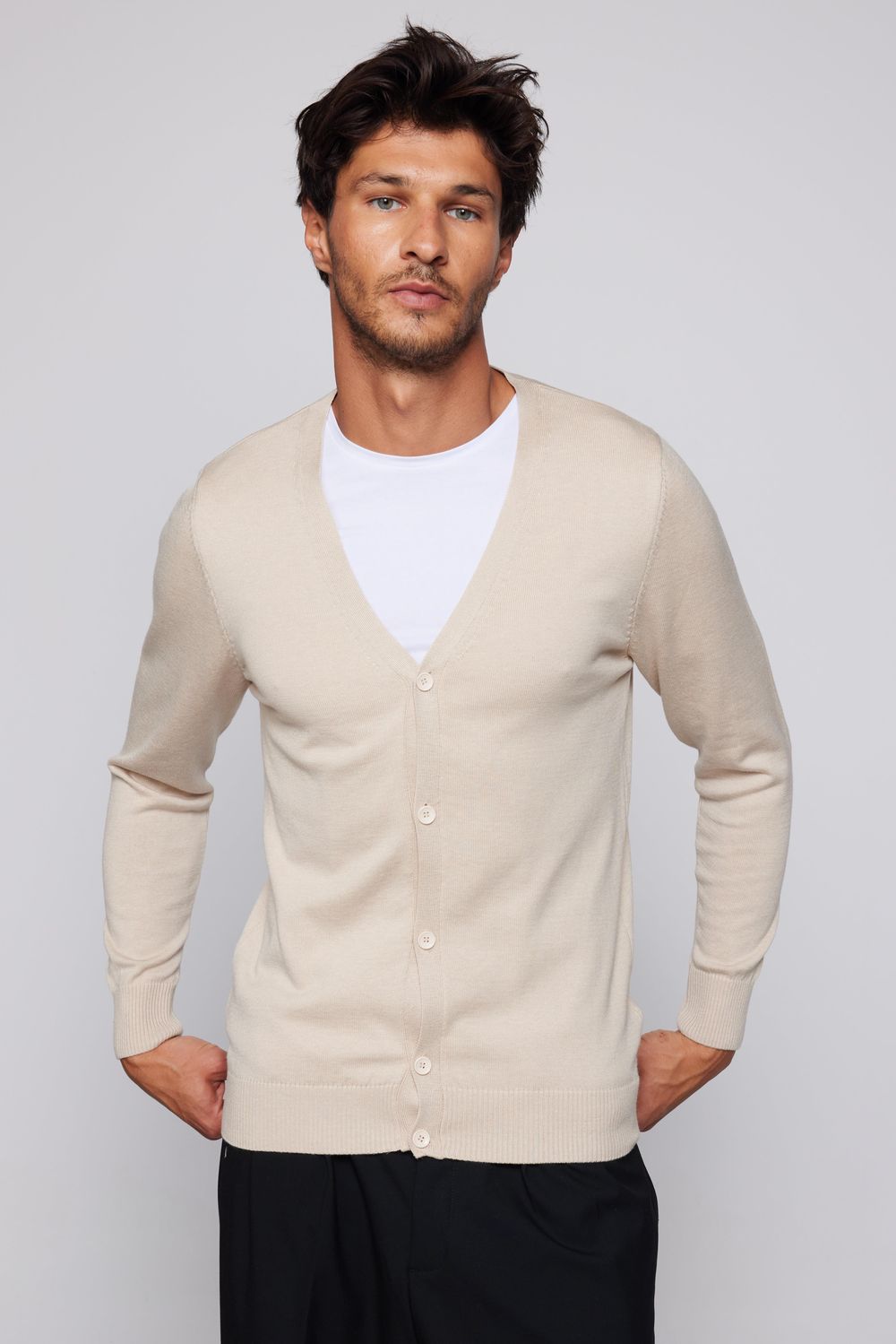 Slim Fit Düğmeli Düz Pamuk Bej Erkek Hırka