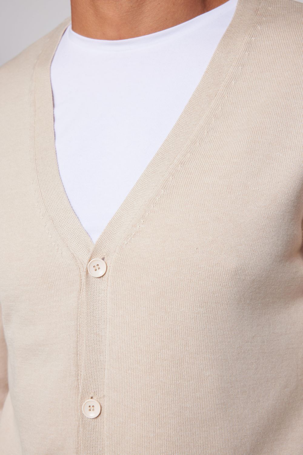 Slim Fit Düğmeli Düz Pamuk Bej Erkek Hırka