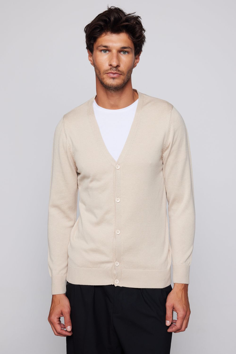 Slim Fit Düğmeli Düz Pamuk Bej Erkek Hırka