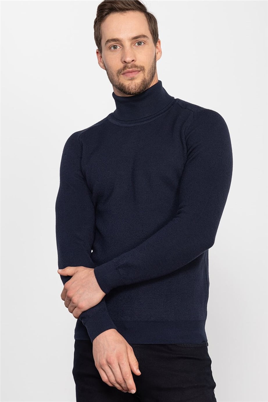 Slim Fit Dar Kesim Tam Balıkçı Yaka Düz İnce Yün Erkek Kazak
