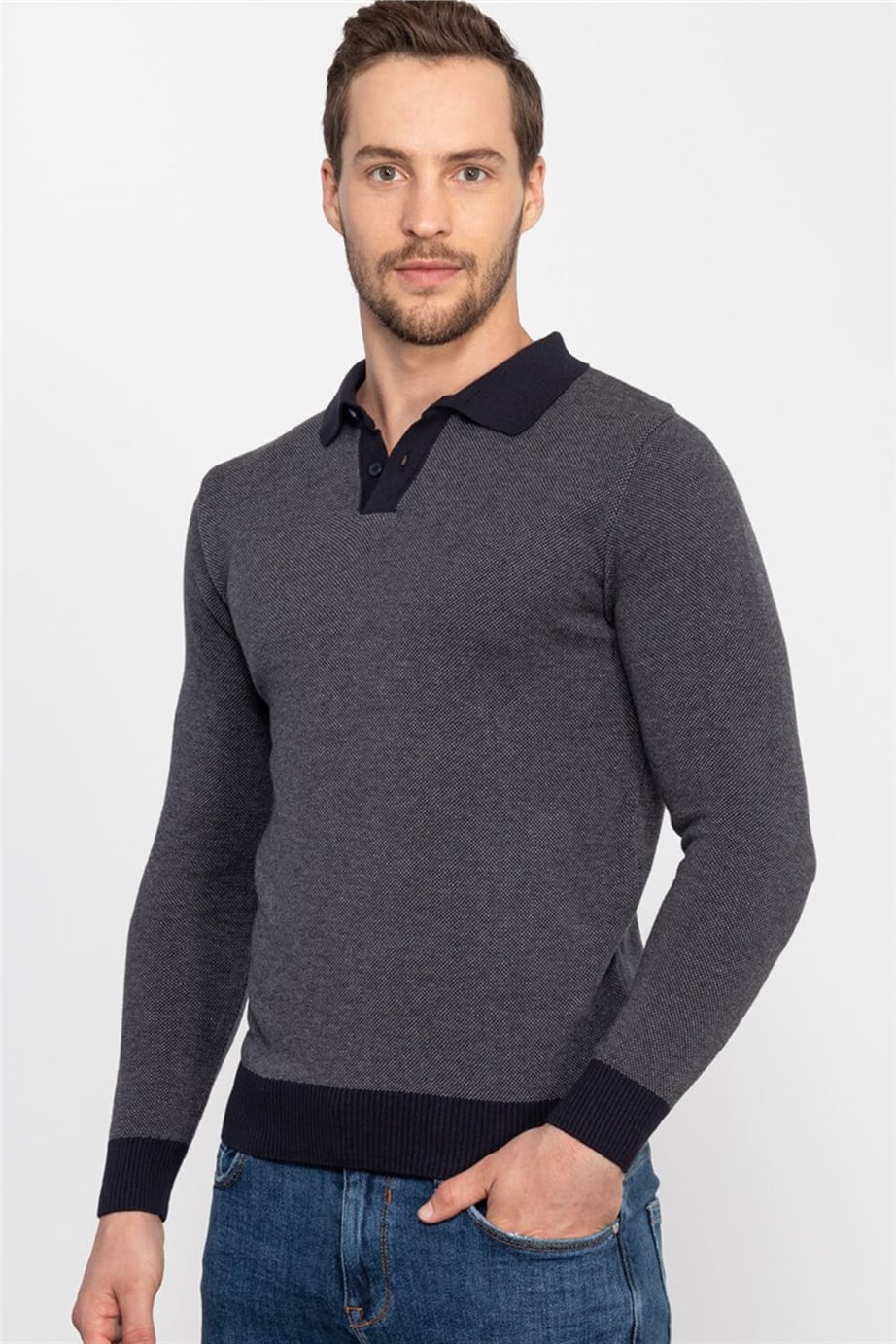 Slim Fit Dar Kesim Düğmeli Polo Yaka Desenli Erkek Kazak