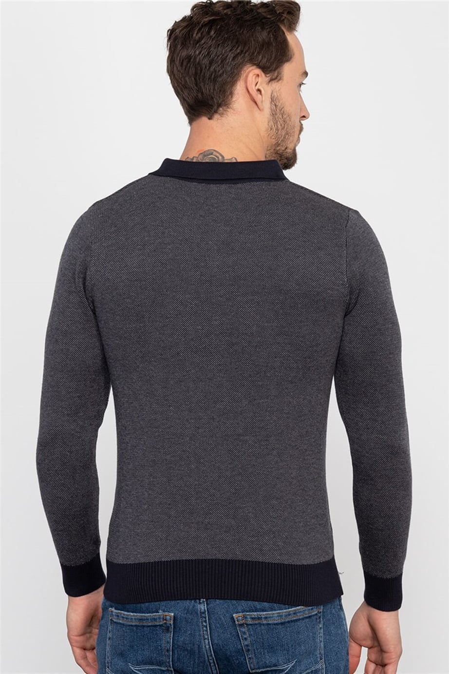 Slim Fit Dar Kesim Düğmeli Polo Yaka Desenli Erkek Kazak