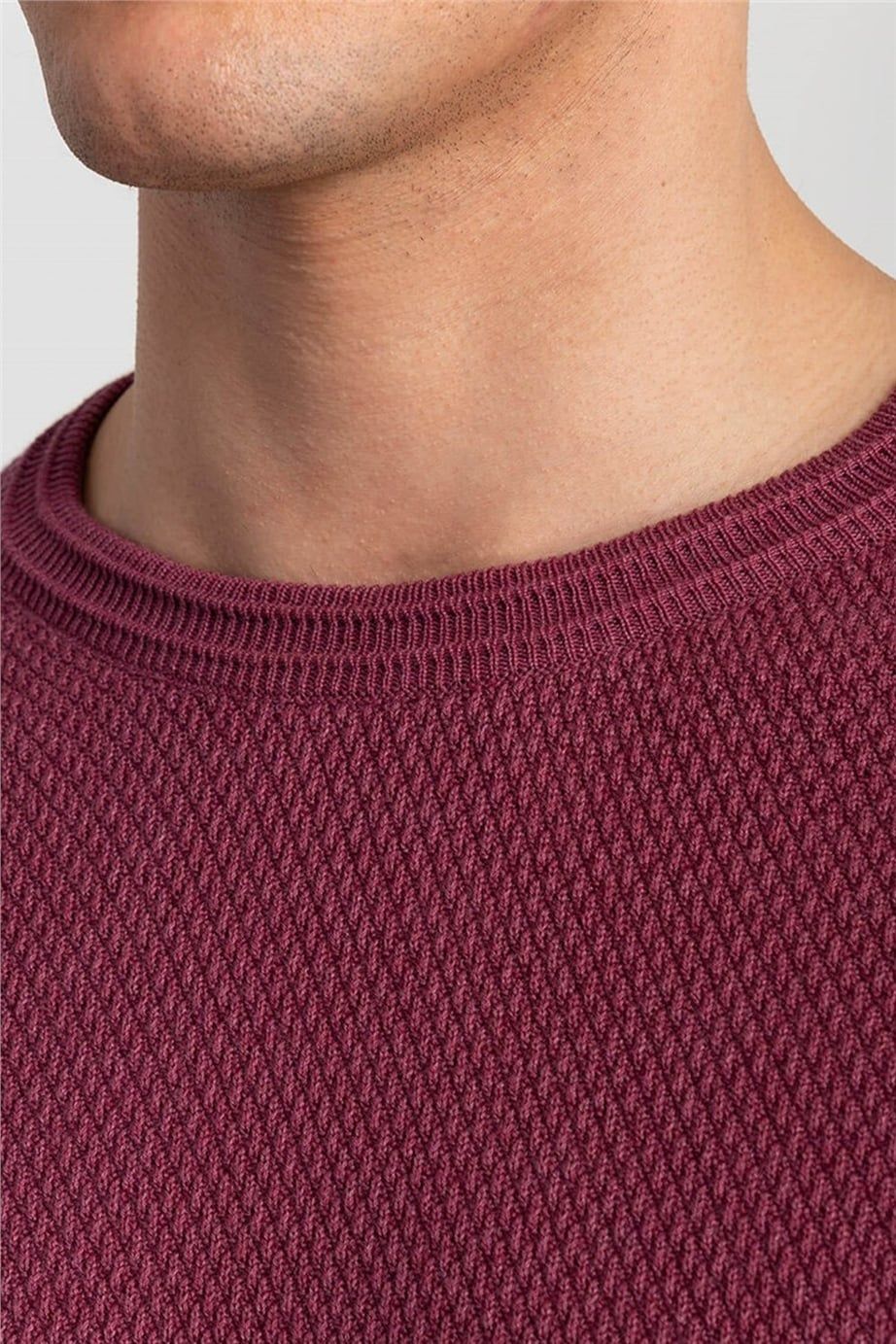Slim Fit Dar Kesim Bisiklet Yaka Kendinden Desenli Erkek Kazak