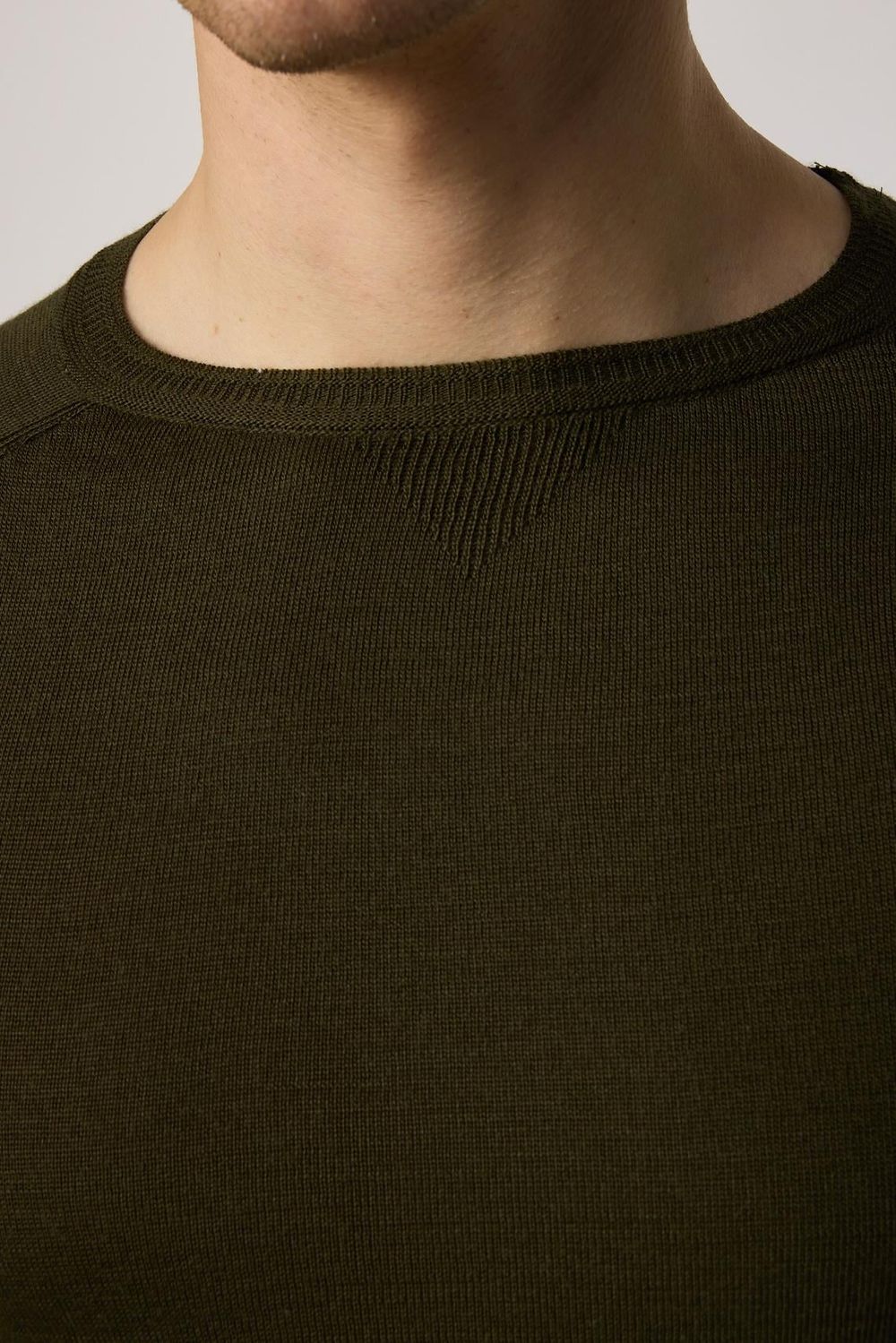 Erkek Slim Fit Bisiklet Yaka Düz Yün Haki Triko Kazak